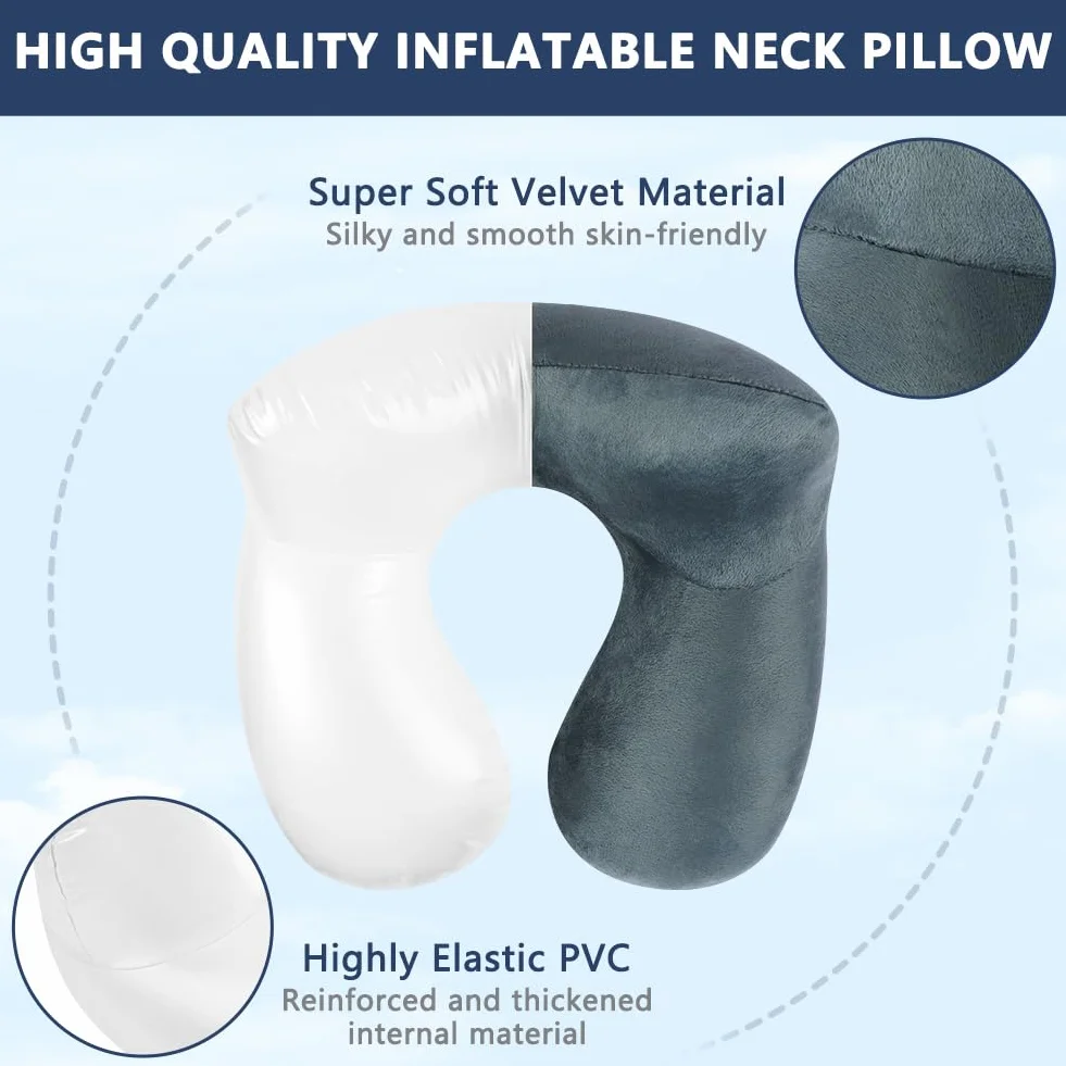 flintronic Nadmuchiwana poduszka podróżna, ultralekka i kompaktowa poduszka powietrzna, miękki aksamit, zmywalna poszewka na poduszkę, ergonomiczna poduszka na szyję, idealna do biura samolotu