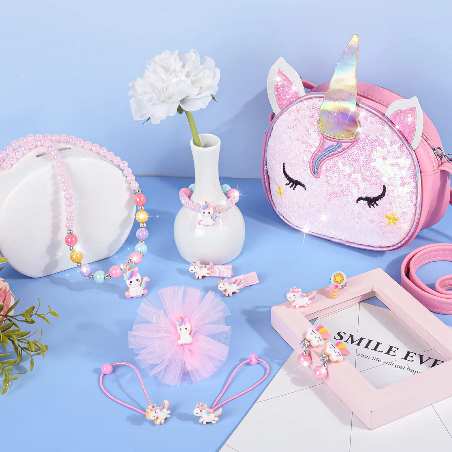 Dzieci Torebka z Zestawem Biżuterii, MEOWMEE 12 Pcs Dziewczęta Torba z Dzieci Biżuteria Naszyjnik Bransoletka Pierścienie Kolczyki z Akcesoriami do Włosów Krawaty do włosów Party Dress Up dla dziewczy