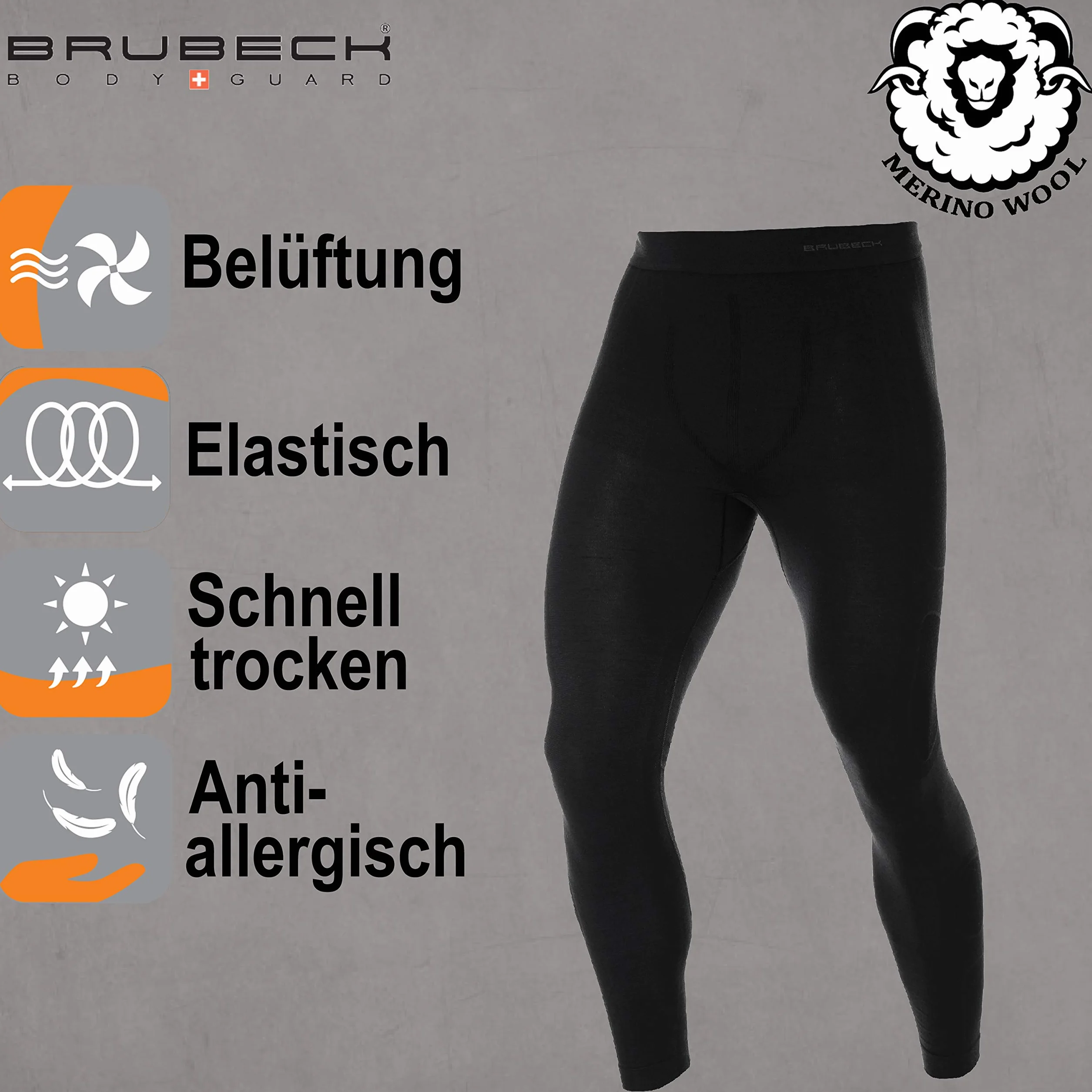 BRUBECK Spodnie funkcyjne długie męskie | długie spodnie | bielizna funkcyjna na zewnątrz | legginsy funkcyjne oddychające 41% Merino | rozm. M | czarne | LE10930