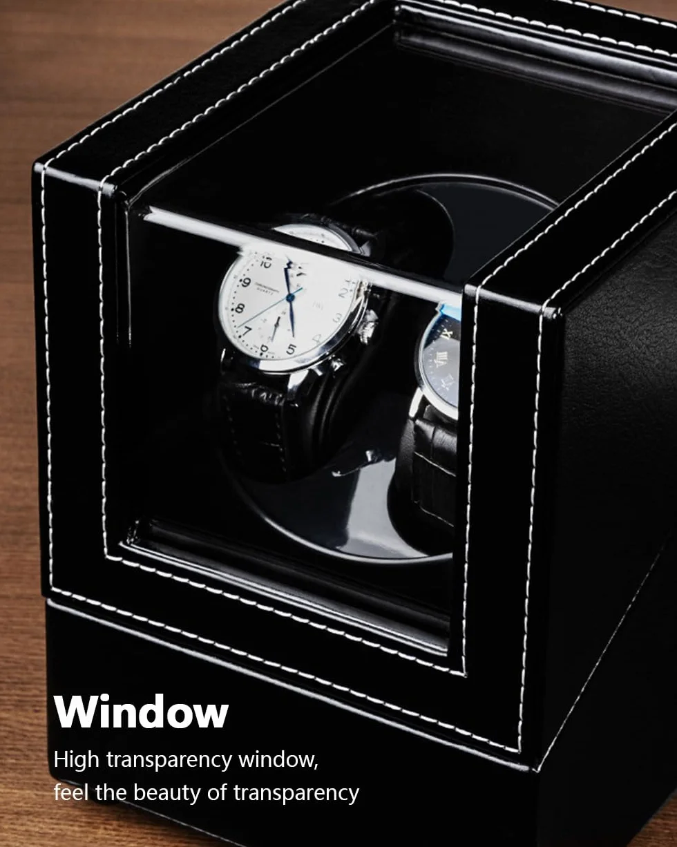 Watch Winder 2 Watches, Automatic Watch Winder Box for Men and Women, Double Watches Display Storage Rotation Wristwatch Box Two Slots, USB C Charging PU Leather Black Uhrenbeweger Uhr Automatik
