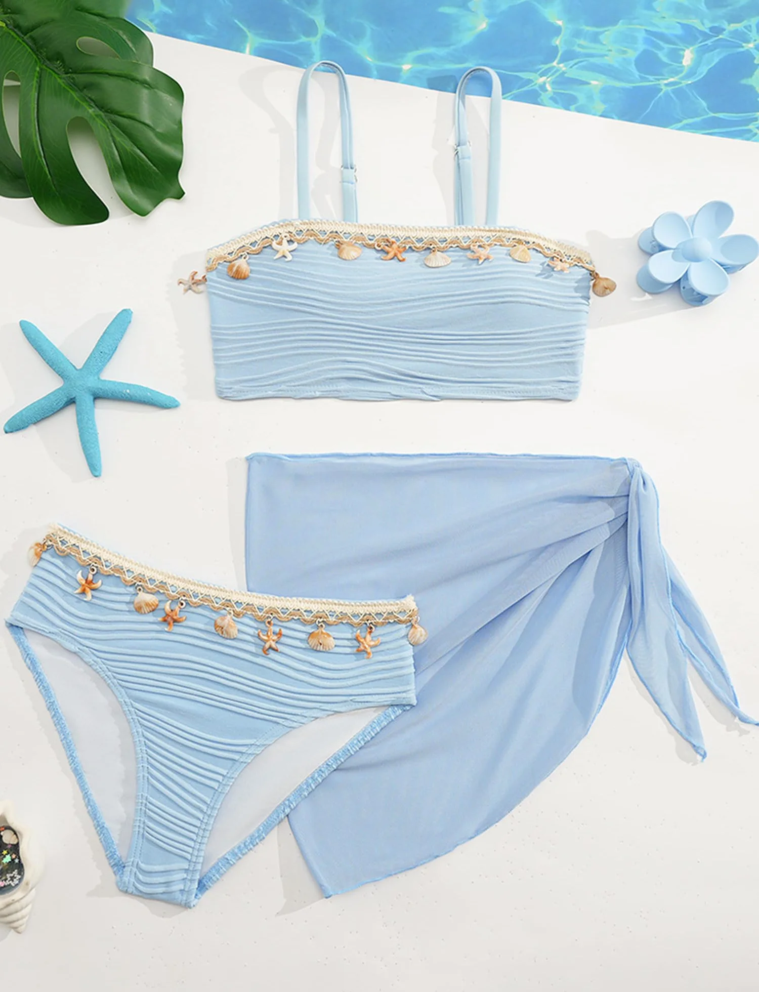 SEAUR Dziewczęcy zestaw bikini ze spódnicą z siateczki, 3-częściowy kostium kąpielowy, modny, muszla, moda kąpielowa, wyściełany, strój kąpielowy dla dzieci w wieku 8-12 lat