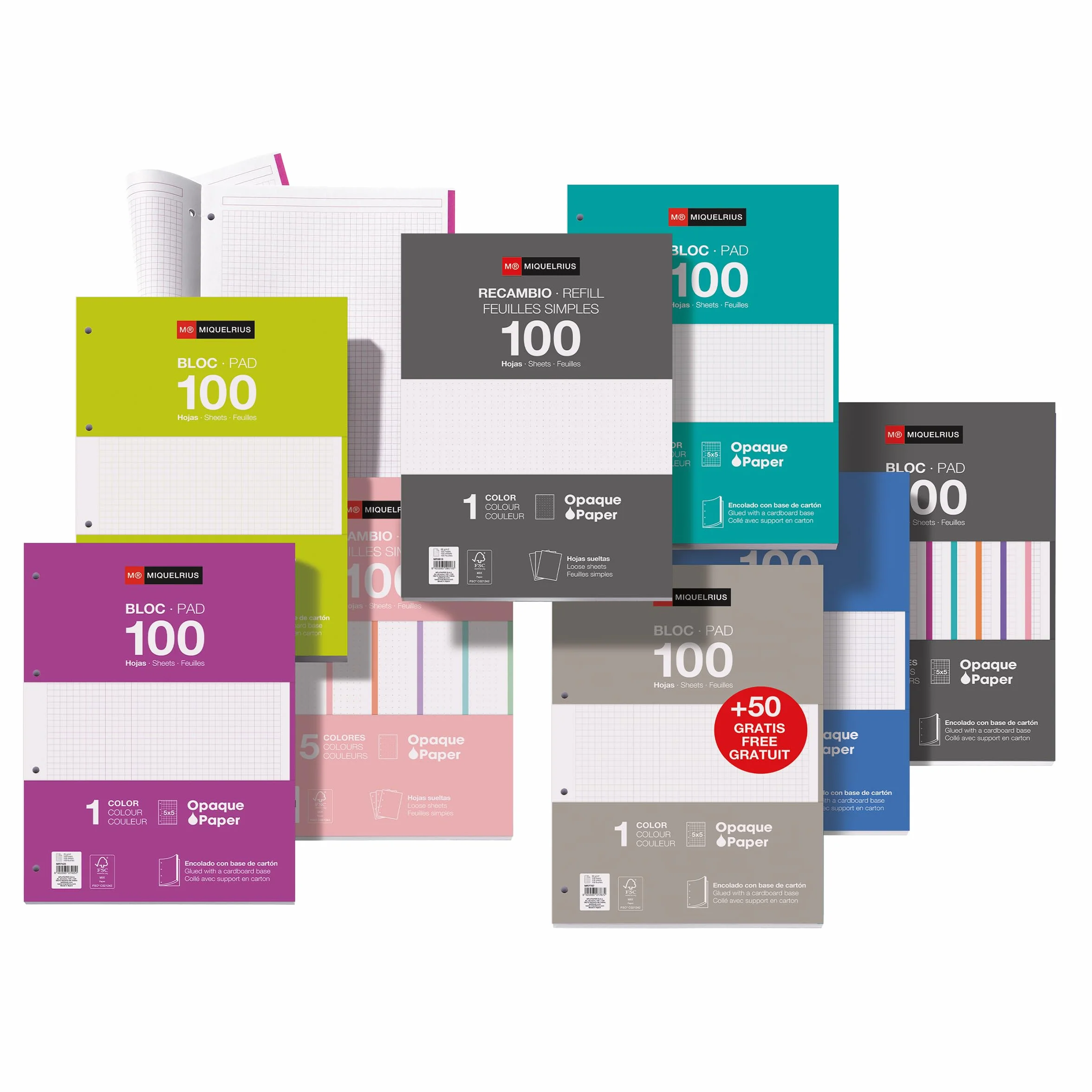 Miquelrius - arkusze uzupełniające luźne kartki, 100 luźnych punktów, rozmiar A4, papier 90 g, bez wiercenia