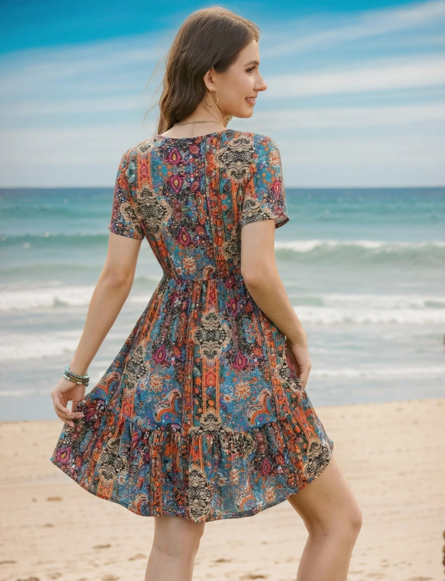 Zeagoo Letnia sukienka damska w stylu boho, sukienka plażowa, dekolt w serek, krótki rękaw, sukienka o linii A, lekka i przewiewna, do kolan, sukienka tunikowa, elegancka sukienka w stylu vintage