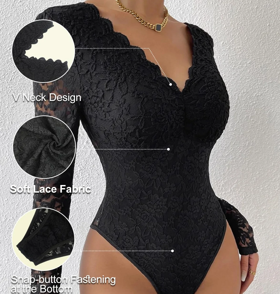 SHEKINI Damskie przezroczyste koronkowe body z długim rękawem body damskie eleganckie body damskie koronkowe z zapiekanym brzegiem dekolt w serek bielizna modelująca seksowna bielizna