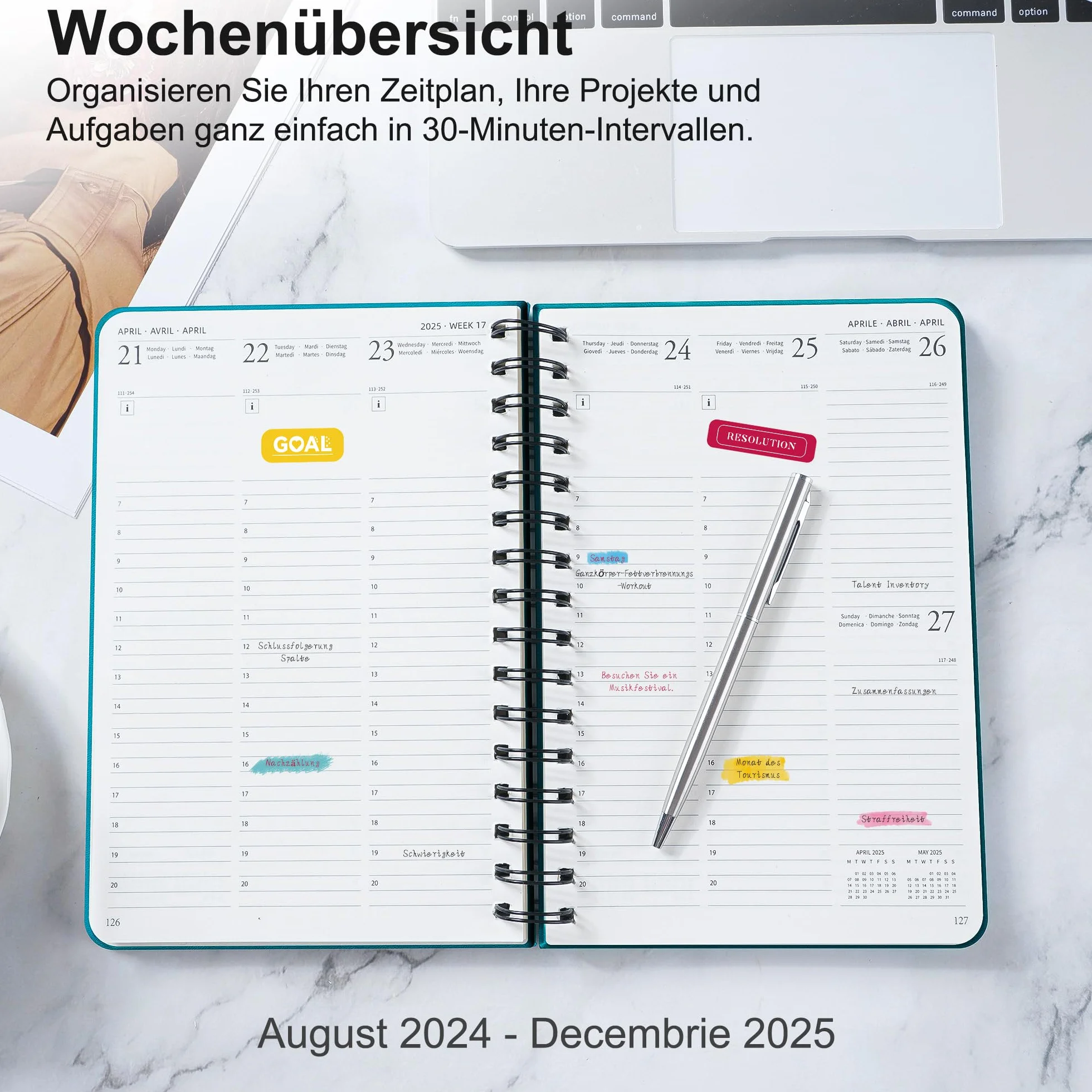 Kalendarz 2025 kalendarz książkowy A5, terminarz spotkań, planer wykonany z wytrzymałej skóry PU, kalendarz spotkań 2025 dla biur, szkół, organizatorów (czarny)