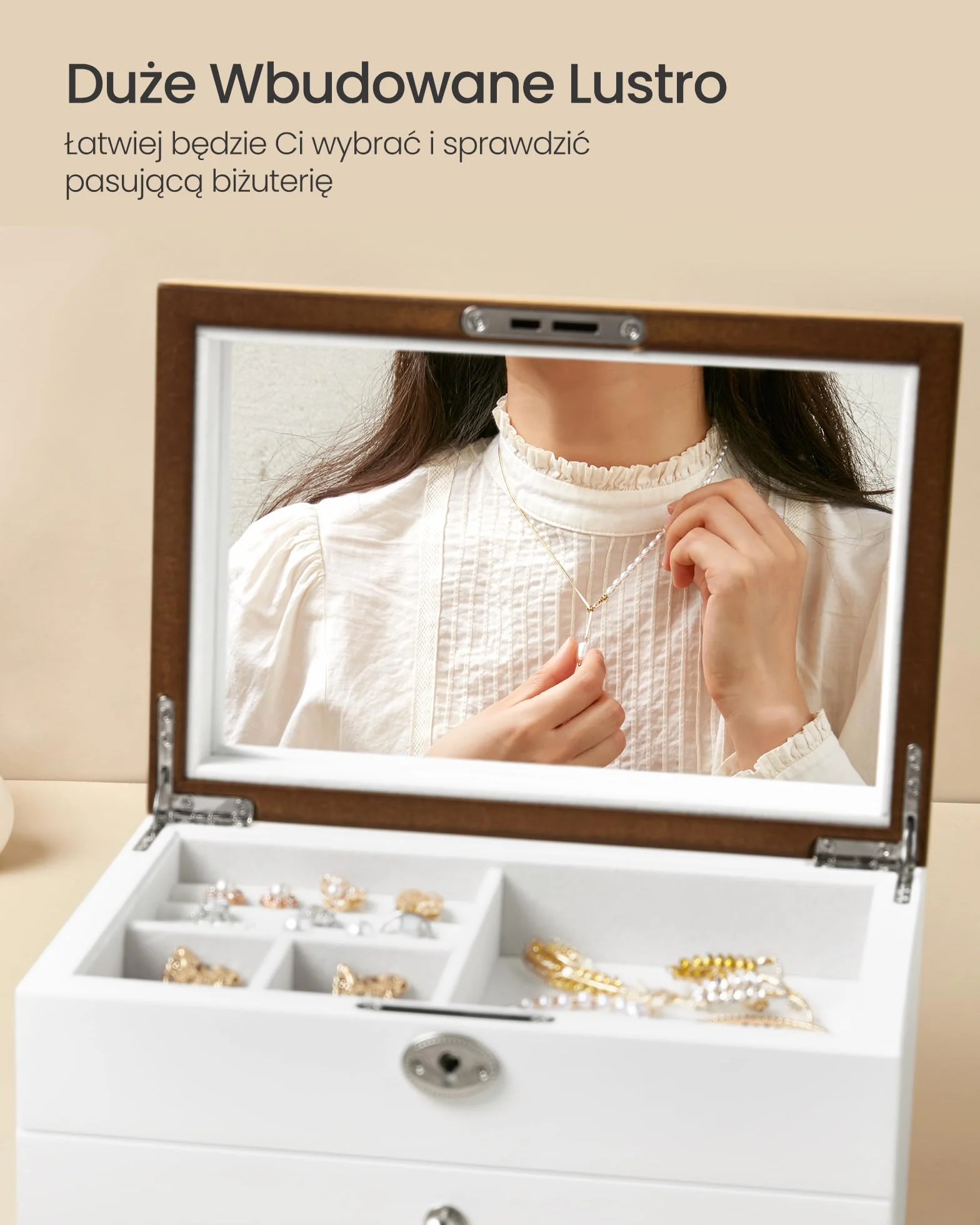 SONGMICS szkatułka na biżuterię z 3 poziomami, szkatułka na biżuterię z materiału drewnopochodnego, organizer na biżuterię, pudełko na biżuterię, z szufladami, na pierścionki, kolczyki, bransoletki i naszyjniki, na Boże Narodzenie, biała, JOW15WN