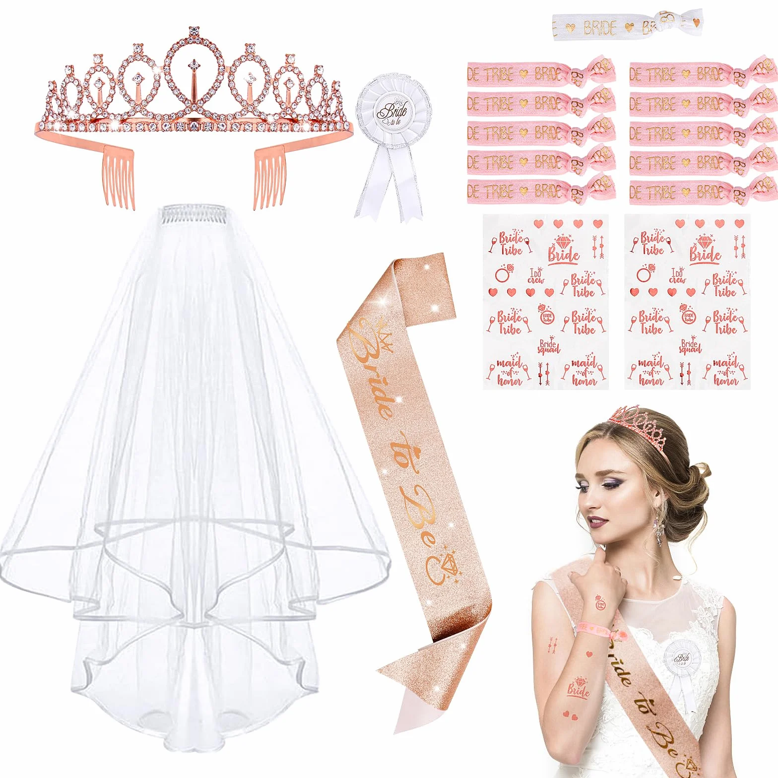 Bride to Be szarfa i welon, 16 sztuk dekoracji na wieczór panieński, akcesoria JGA dla kobiet, 10 bransoletek dla panny młodej, 1 bransoletka dla panny młodej, szarfa, welon, odznaka, tiara, tatuaż