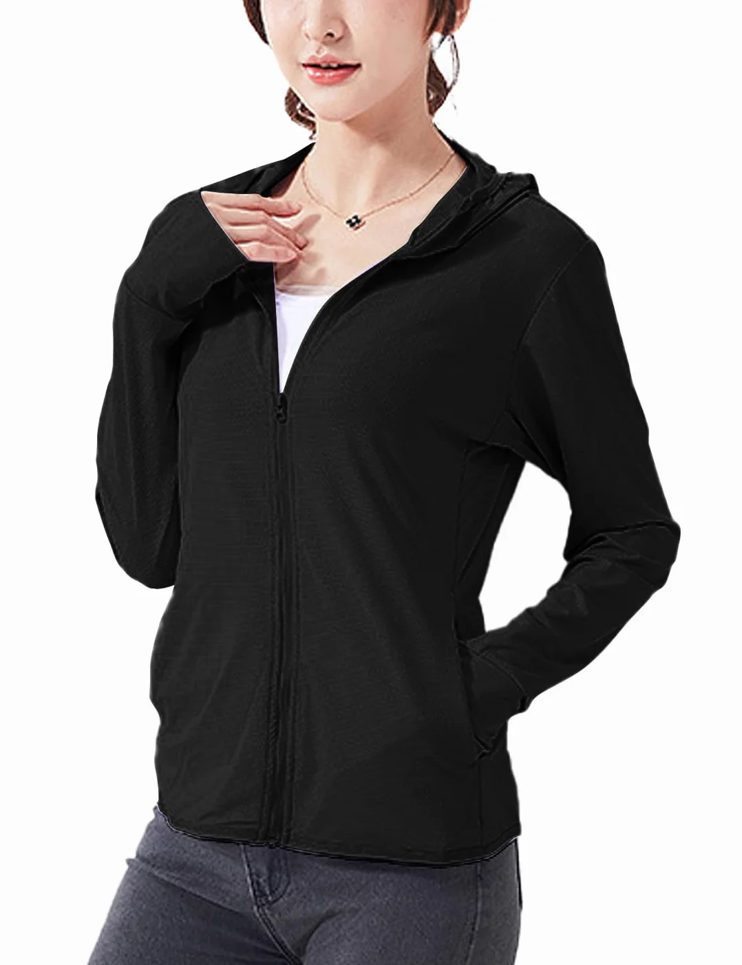 Damska bluza z kapturem UPF 50+, do biegania, lekka kurtka UV, sportowa, cienka, zapinana na zamek błyskawiczny, na wędrówki, z długim rękawem, SPF z otworami na kciuki