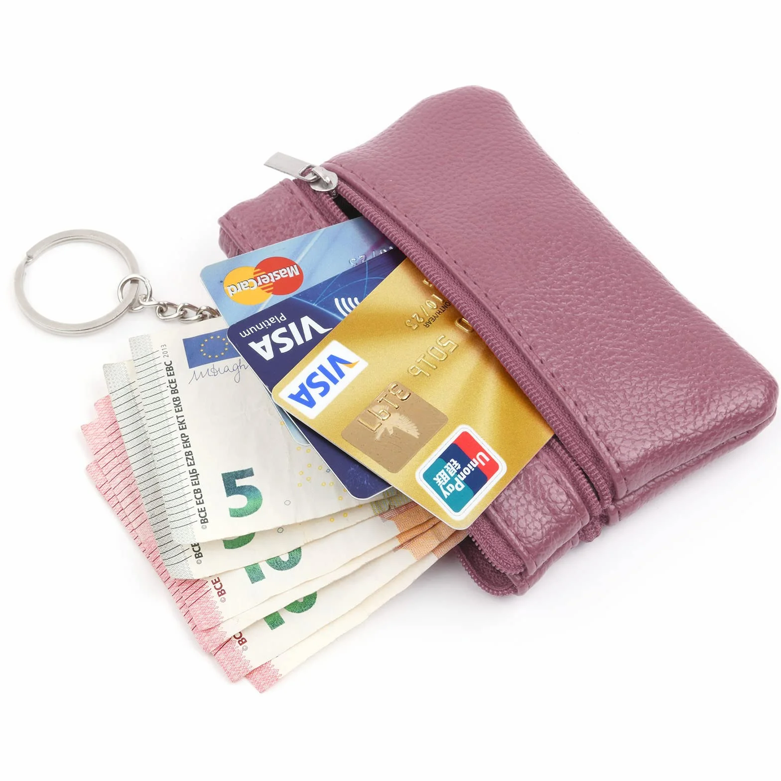 Aucuu Skórzany portfel na zamek błyskawiczny, etui na karty i klucze, damski, mini, z 3 przegródkami i brelokiem, 12 x 8 cm, Różowy, 12x8cm, Pink