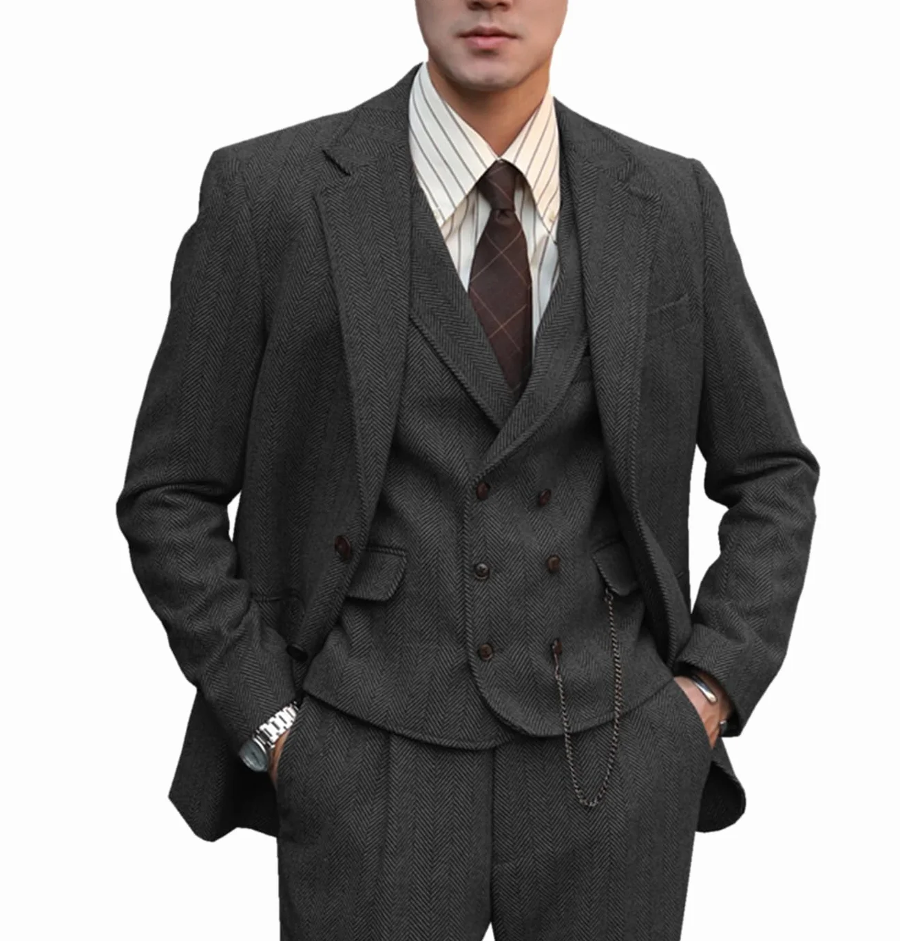 Tuikayoo Męski garnitur formalny tweed wełna w jodełkę, 3 sztuki, na wesele, slim fit, strój na studniówkę, smokingi dla świadków