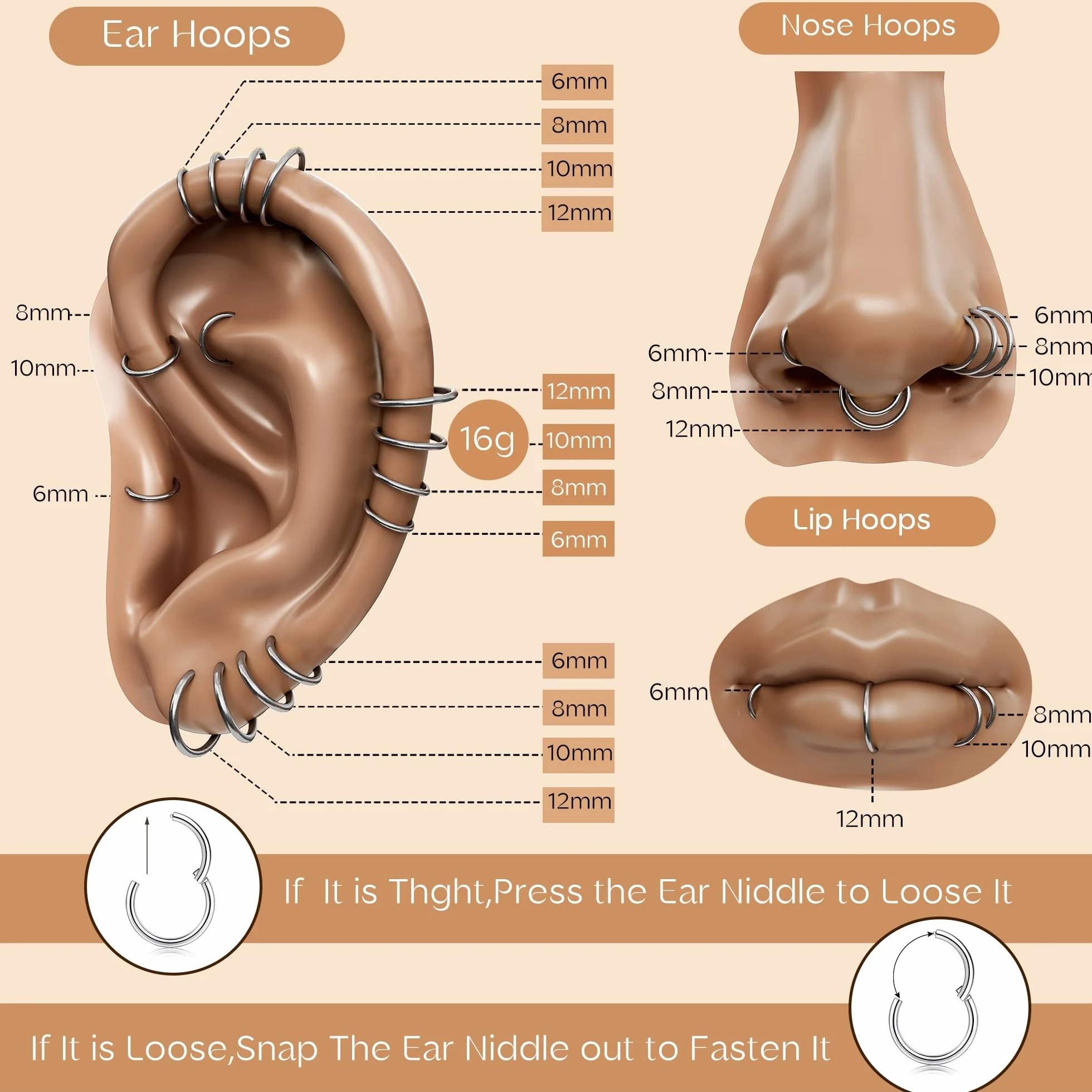YADOCA 12 sztuk kolczyków do nosa ze stali nierdzewnej 316L, hipoalergiczne, 16 g, piercing do nosa, chrząstki nosowej, tragus, dla kobiet i mężczyzn, 6-16 mm