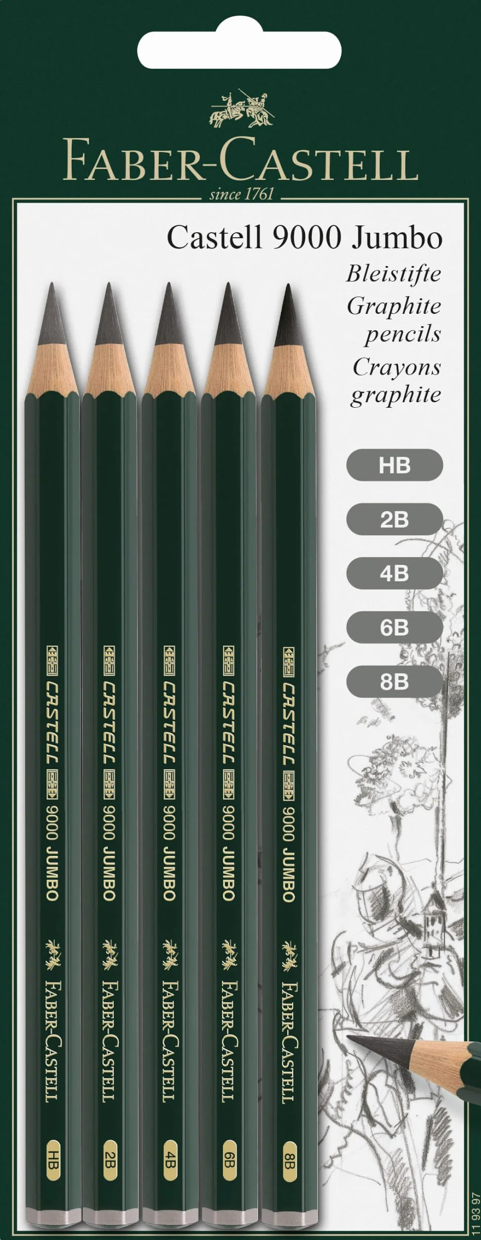 FABER-CASTELL 119397 – ołówki Jumbo CASTELL 9000, 5 ołówków HB, 2B, 4B, 6B, 8B