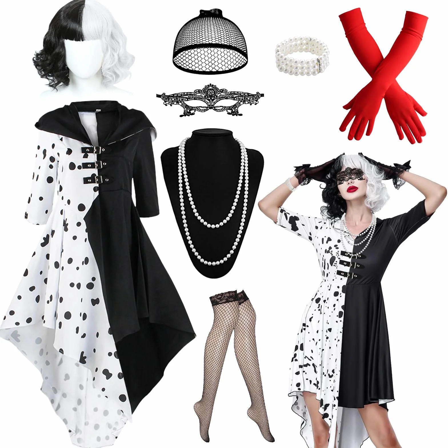 9 sztuk kostiumu Cruella dla kobiet, Halloween, Cruella, Devil, zestaw akcesoriów z sukienką, krótką, czarno-białą peruką, koronkową maską, rękawiczkami, naszyjnikiem, pończochami siatkowymi