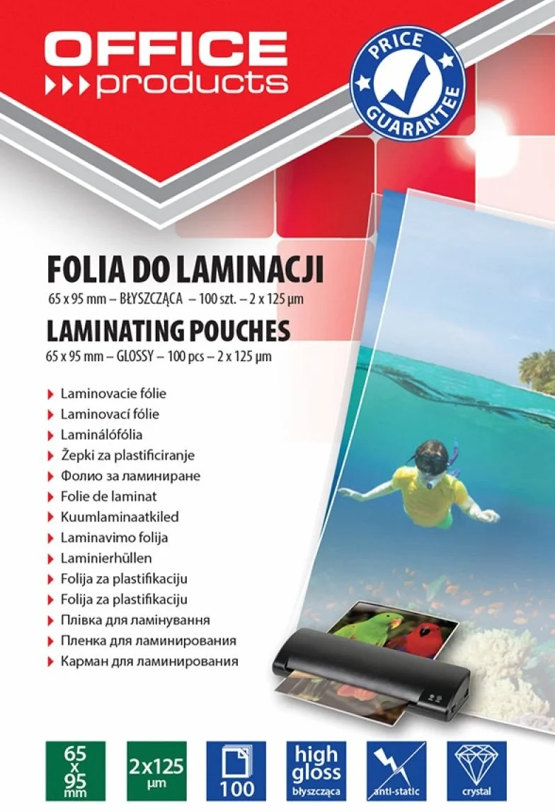 Folia do Laminowania OFFICE PRODUCTS 65x95mm 2x125mikr Błyszcząca 100szt Transparentna/Prezentacja/Typ-do Laminowania/Rodzaj-Błyszcząca/Materiał-Plastik/Kolor-Transparentny