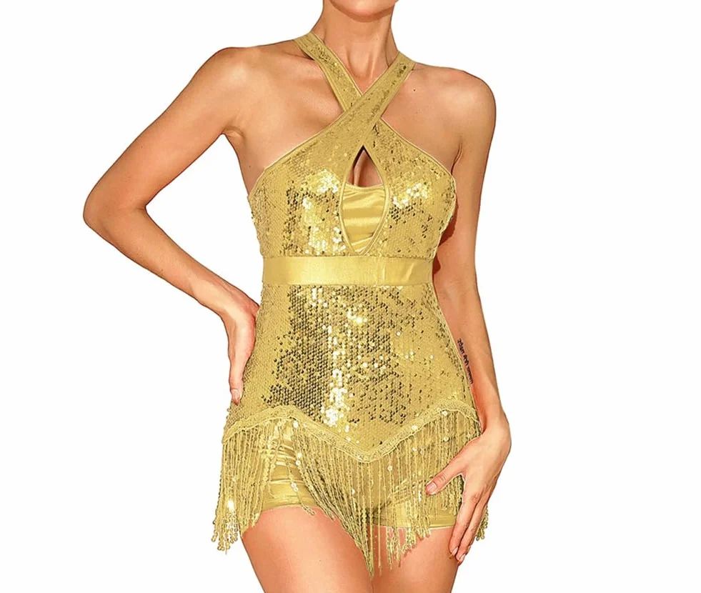 Damska sukienka do tańca latynoskiego Ballroom Tango Rumba Cha Cha Samba Dancewear Cekinowy Trykot z frędzlami