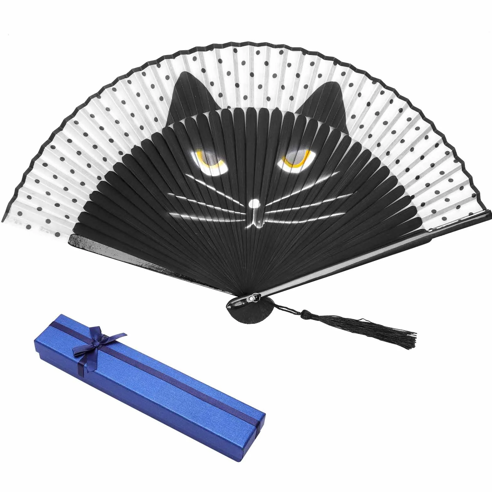 Wachlarz ręczny, japoński, składany, z pudełkiem prezentowym, bambusowy wachlarz z nadrukiem Dragon Cat, przenośny i przyjazny dla środowiska, wachlarz anime, na pintar, na wesele, imprezę, cosplay