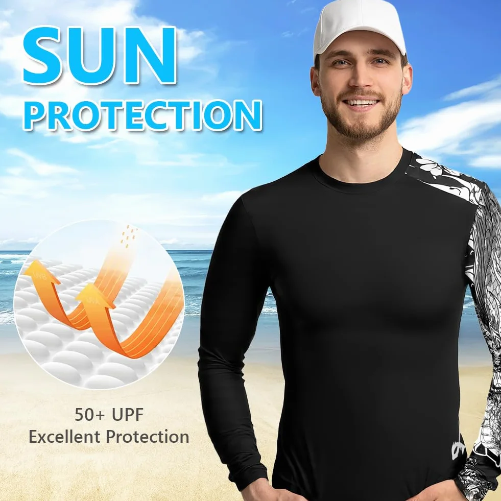 Męska koszulka pływacka UPF 50+ z długim rękawem, UV, slim fit, z długim rękawem, szybkoschnąca, oddychająca, odpowiednia na wiosenne i letnie podróże, plażę, kemping, jazda na rowerze, alpinizm