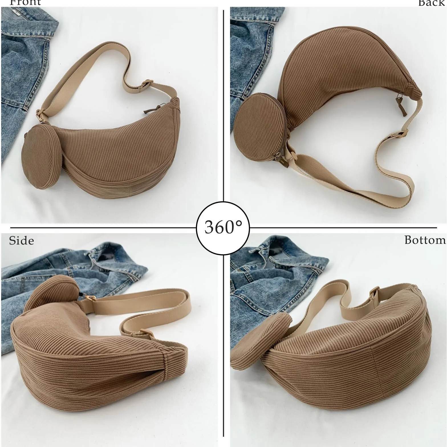 Moon Bag Cord torba na ramię damska mała – mała torebka damska Crossbody Bag Cord, torba na ramię z regulowanym paskiem, stylowy zestaw toreb na brzuch