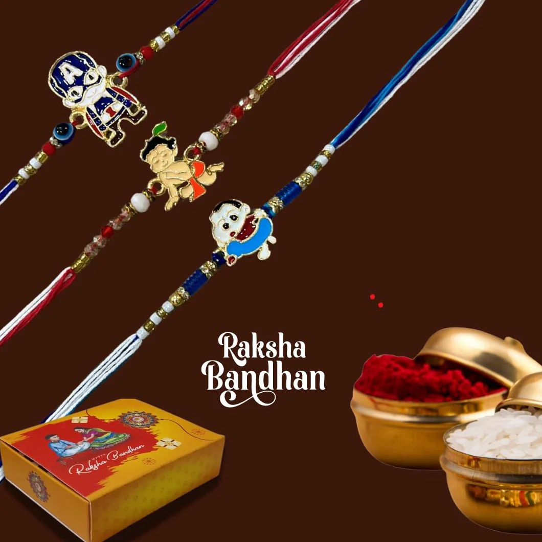 Dzieci Rakhi i postać z kreskówki, designerskie metalowe rakhi z Roli Chawal + kartka z życzeniami zestaw 3 sztuk, M, bez kamieni szlachetnych, Medium, Bez kamienia szlachetnego