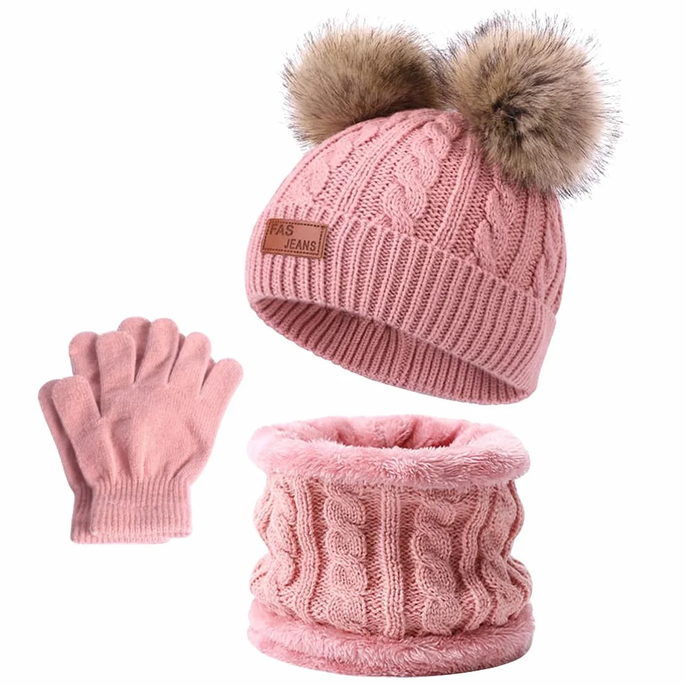 Mineup Dziecięca czapka zimowa 3 w 1, zestaw rękawiczek, ciepła zimowa czapka z dzianiny, czapka dziecięca, czapka beanie, szalik, rękawiczki z dzianinową czapką dla dziewczynek w wieku 1-5 lat