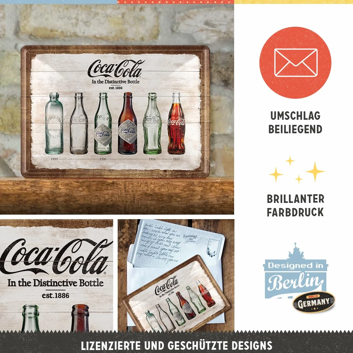 Nostalgic-Art Blaszana kartka pocztowa w stylu retro, Coca-Cola Timeline – pomysł na prezent dla fanów Coke, blaszana pocztówka, mini blaszana tabliczka w stylu vintage, 10 x 14 cm