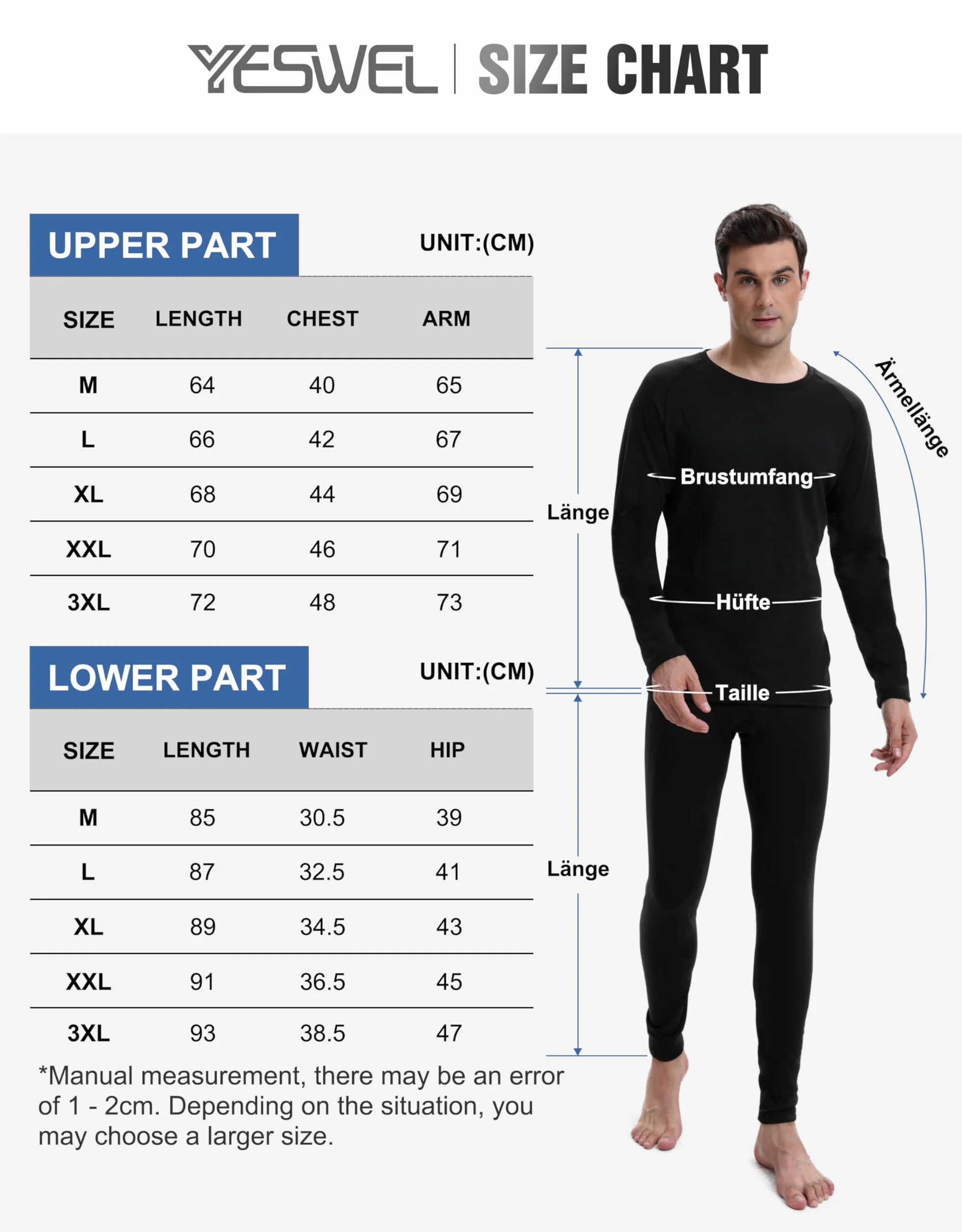 YESWEL Męska Bielizna Termoizolacyjna, Funkcjonalna Bielizna z Fleece wewnętrznym, Bielizna Narciarska na Zimowe Aktywności na Świeżym Powietrzu (M-2XL)