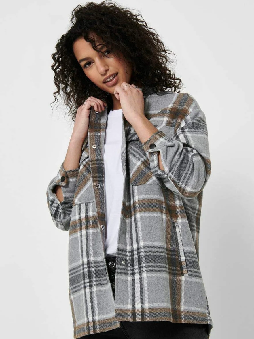 ONLY Onlellene-Valda Check Shacket PNT damska kurtka koszulowa, Chipmunk/Checks:check, 36