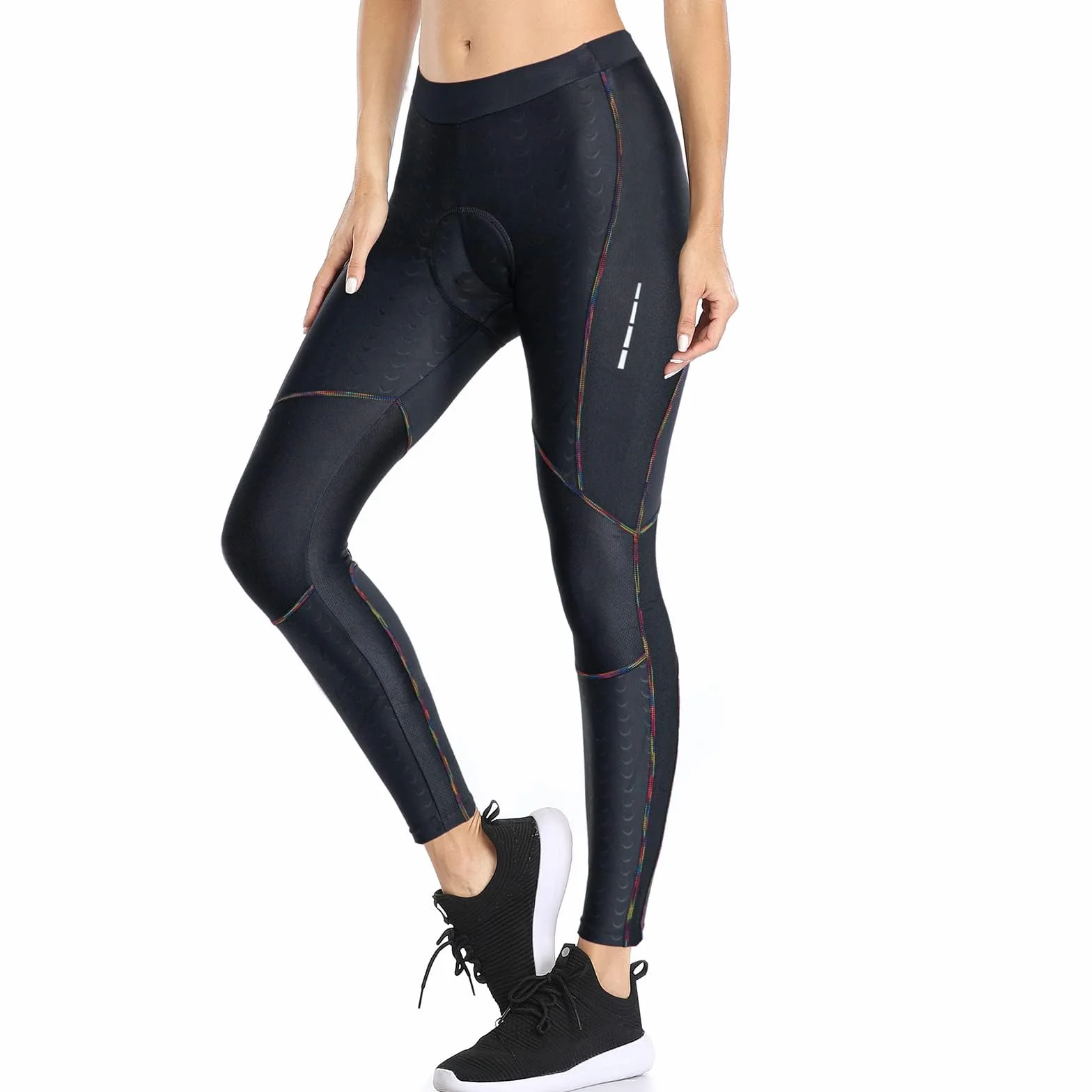 Santic Damskie spodnie rowerowe, długie, wyściełane, 7/8, legginsy rowerowe, legginsy, wyściełane, do jazdy na rowerze, MTB, elastyczne, szybkoschnące, oddychające, czarne, tęczowe