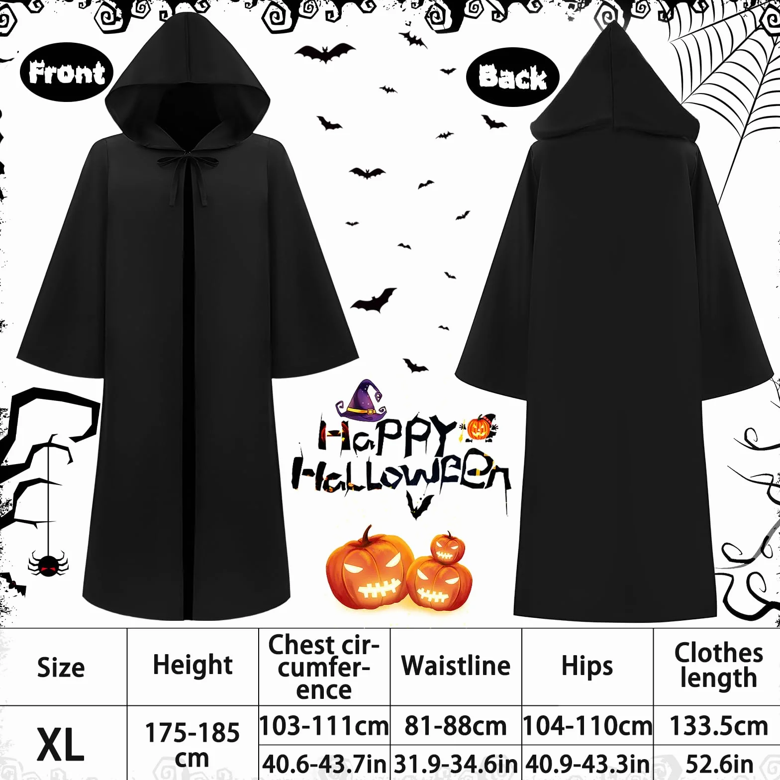 Kostium męski na Halloween – czarna peleryna z kapturem, długa peleryna z horroru dla dorosłych 175-185 cm, idealna jako kostium ghostface, kostium ponury lub peleryna wampira