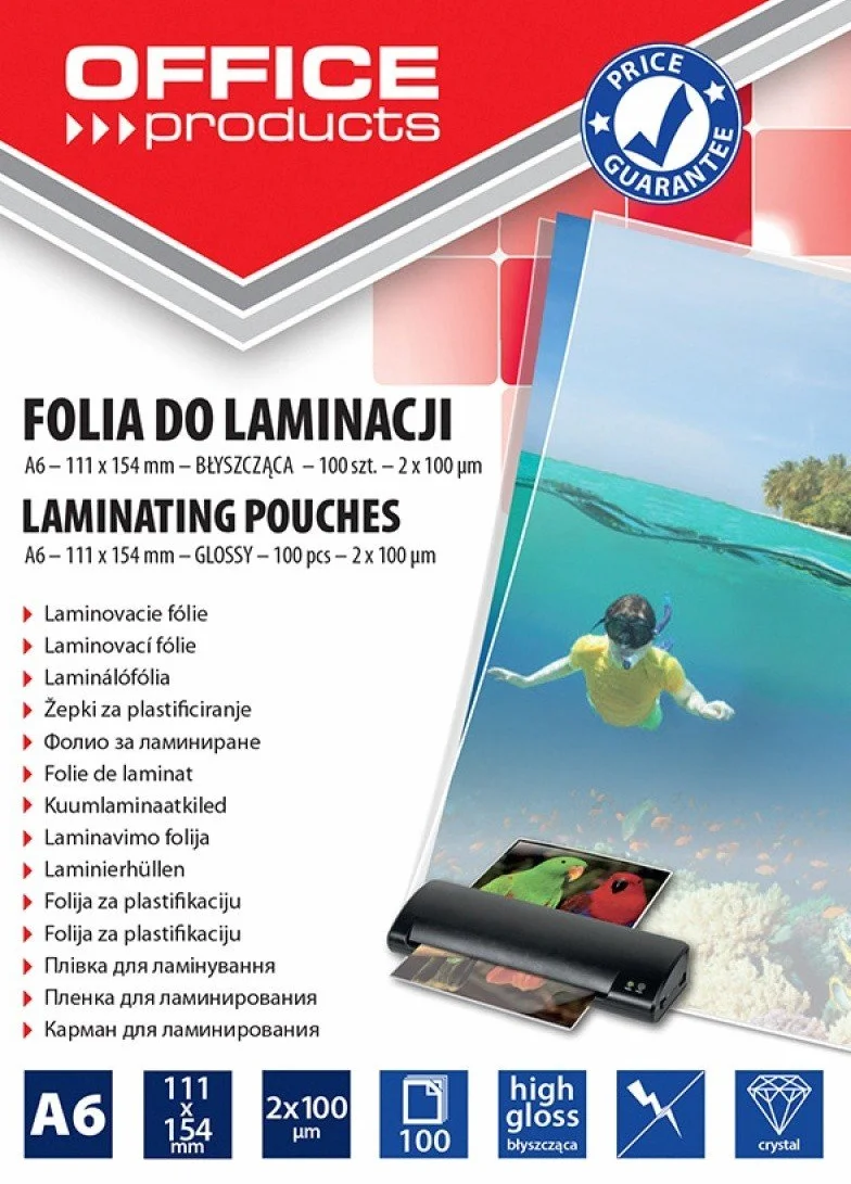 Folia do Laminowania OFFICE PRODUCTS A6 2x100mikr Błyszcząca 100szt Transparentna/Prezentacja/Typ-do Laminowania/Rodzaj-Błyszcząca/Materiał-Plastik/Kolor-Transparentny/Grubość (mm)-2x100µm