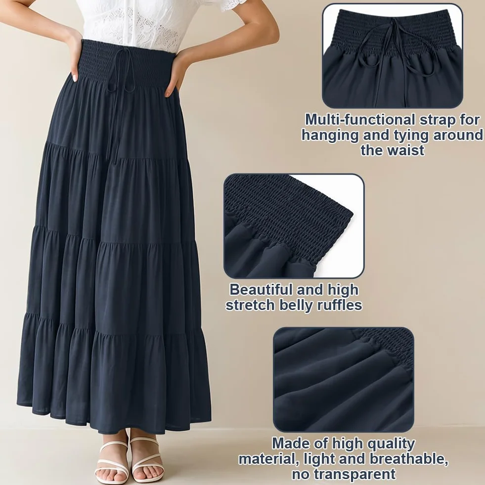 Długie spódnice dla kobiet, zwiewna, elastyczna talia, plisowane spódnice o linii A, ze sznurkiem, na co dzień, wygodna, boho, damska, 5 cm, 1, spódnica maxi z wysokim stanem, na plażę, na co