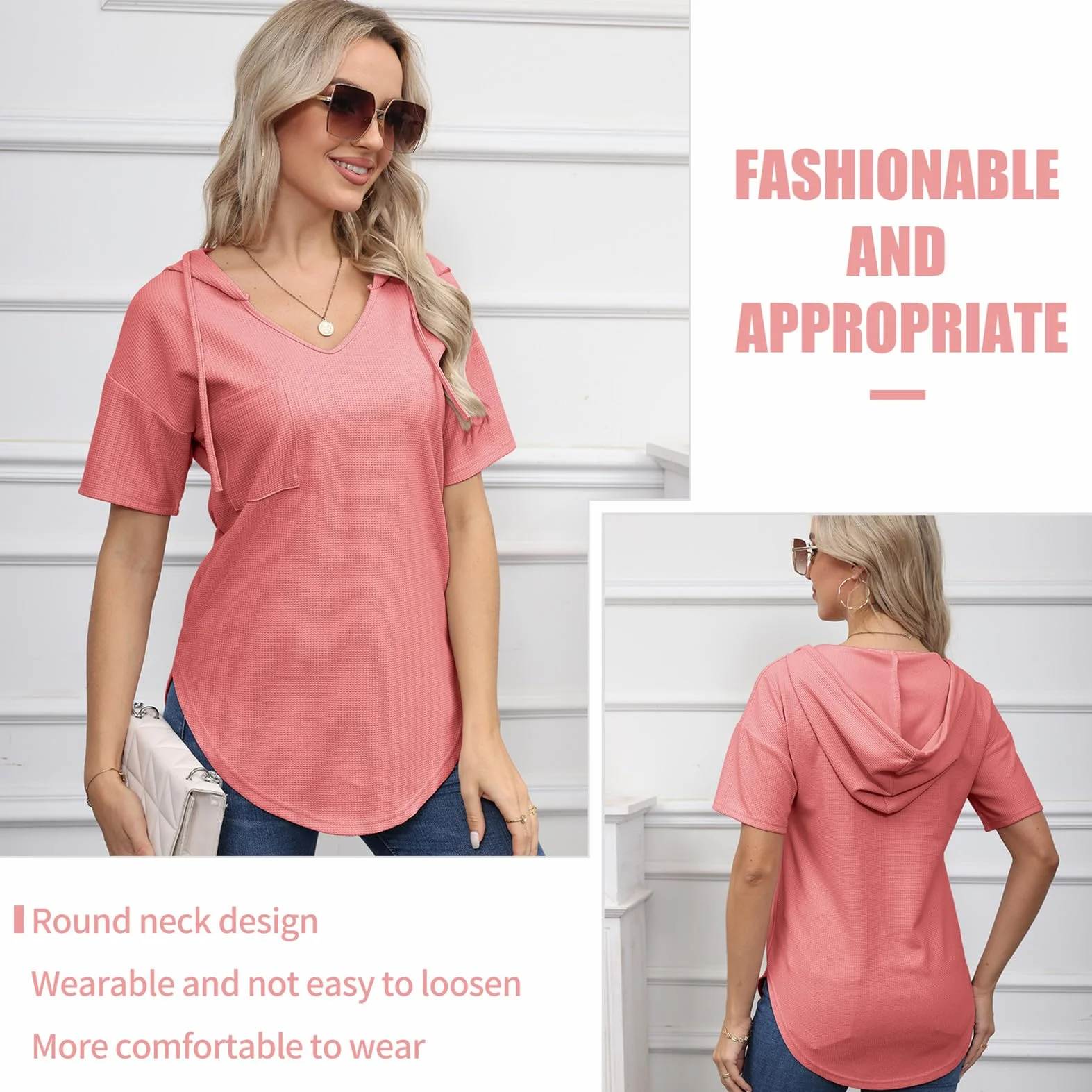 Damska bluza z kapturem topy letnie damskie topy z krótkim rękawem dekolt w serek elegancka koszula na co dzień S-XXL