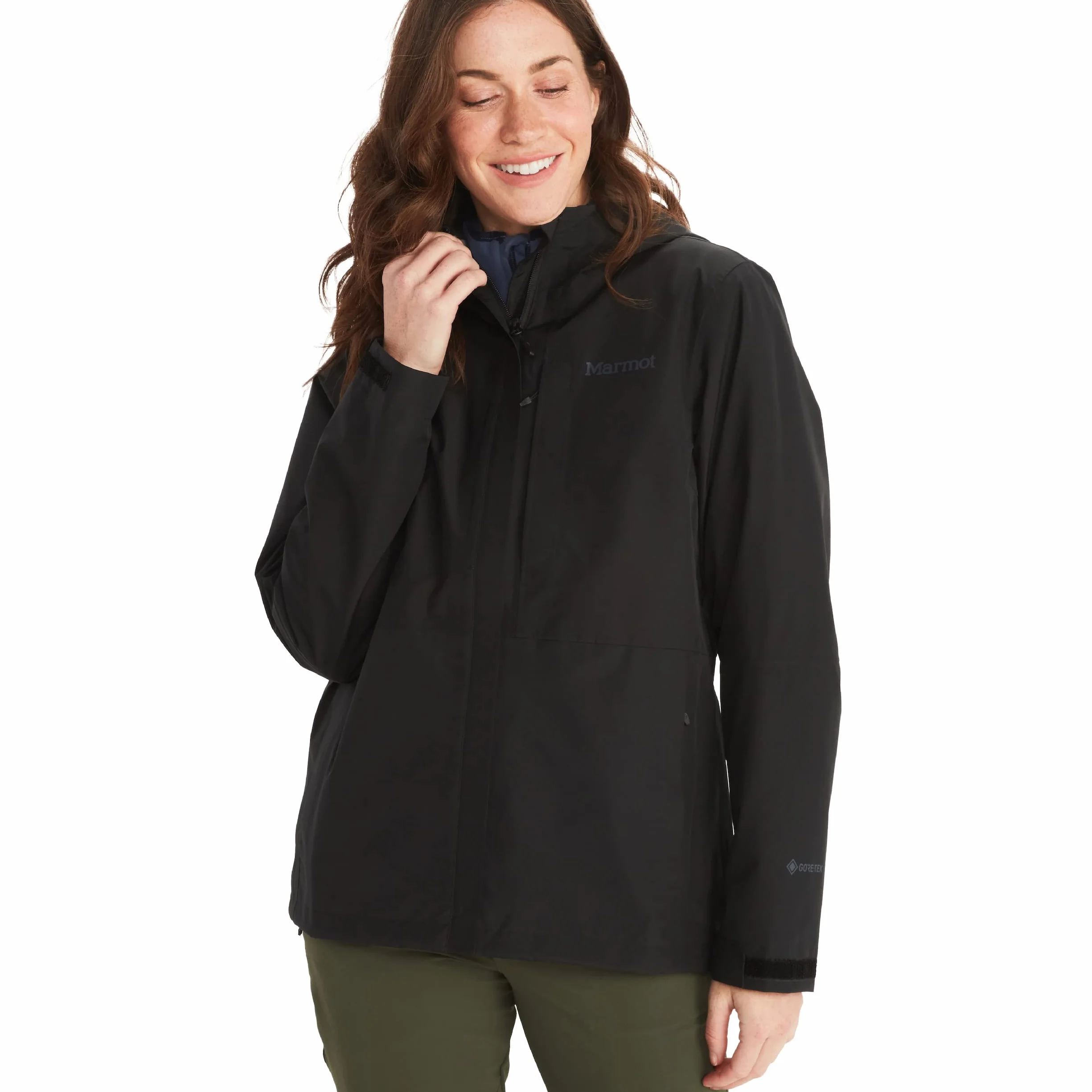Marmot Kobiety Wm's Minimalist Jacket, Wodoodporna kurtka przeciwdeszczowa GORE-TEX, oddychający płaszcz przeciwdeszczowy z kapturem, lekka wiatrówka hardshell na wędrówki, Black, M