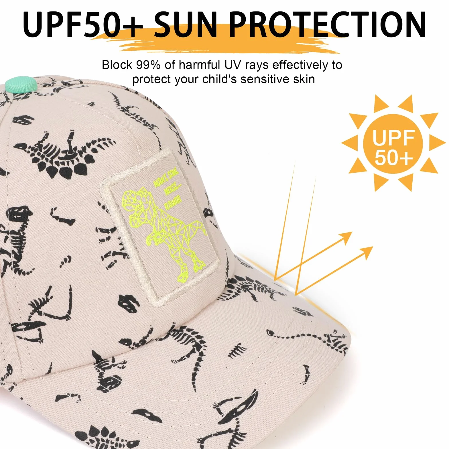 QKURT Chłopięca czapka z daszkiem, letnia czapka przeciwsłoneczna, ochrona przed promieniowaniem UV, czapka sportowa, regulowana czapka typu trucker z wzorem dinozaura dla dzieci w wieku 3-8 lat