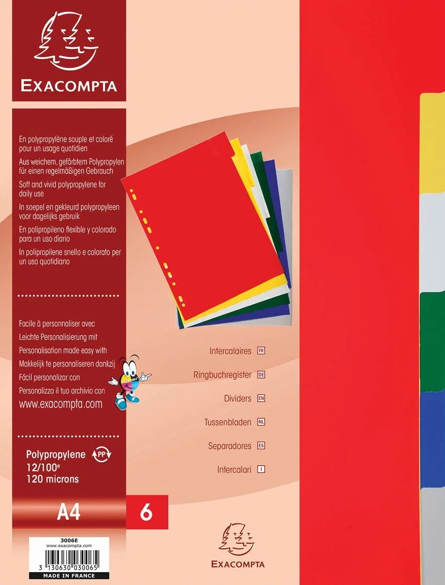 Exacompta 3006E Przekładki do segregatora A4 wykonane z tworzywa sztucznego PP 6 części 22 x 29,7 cm 6 kolorów do segregowania broszur dokumentów prospektów