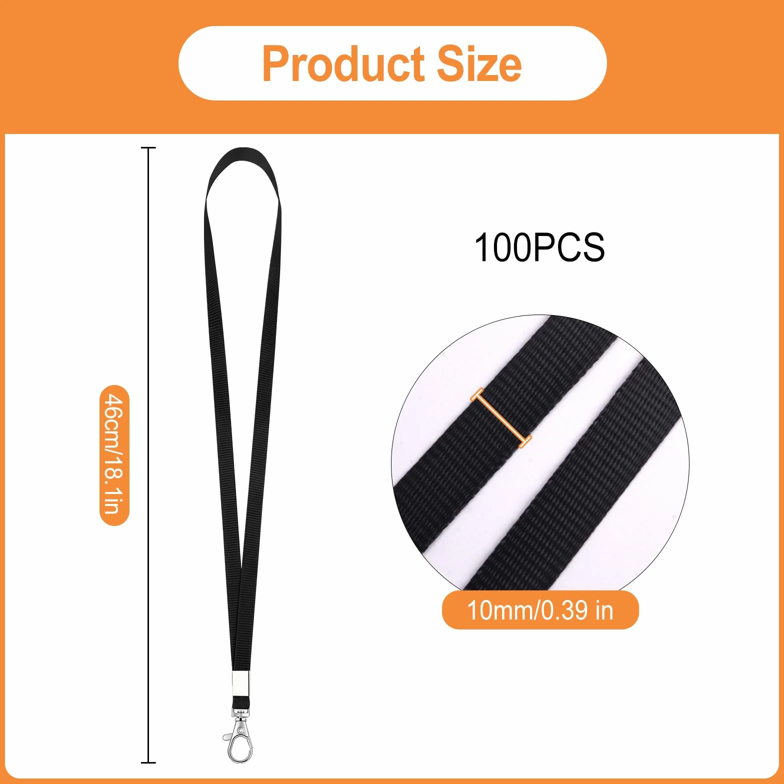 Smycz do kluczy, 100 sztuk, czarne, 46 cm, do zawieszenia, na dowód osobisty, z metalowym obrotem, na klucze, telefon komórkowy, portfel, uchwyt na dowód osobisty, USB, Pendrive