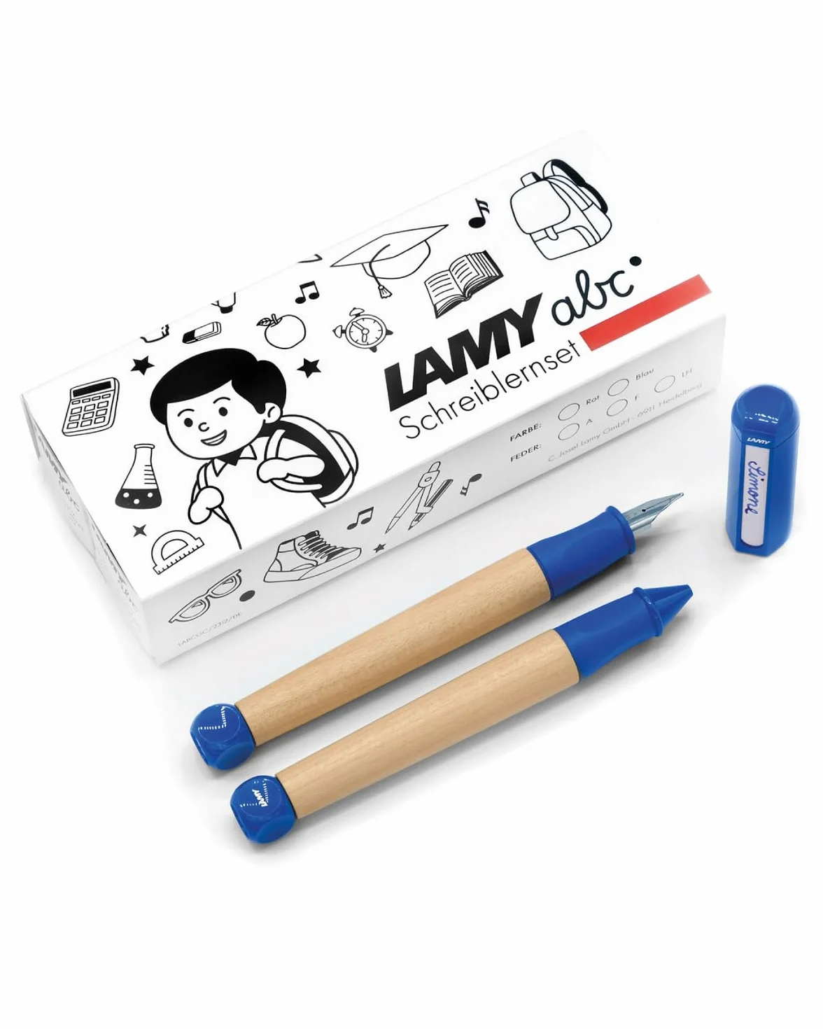 Lamy abc zestaw do nauki pisania niebieski wraz z opakowaniem na prezent, 1 x pióro z cienkiej piór i 1 ołówek, antypoślizgowy uchwyt, nasadka i kostka z tworzywa sztucznego