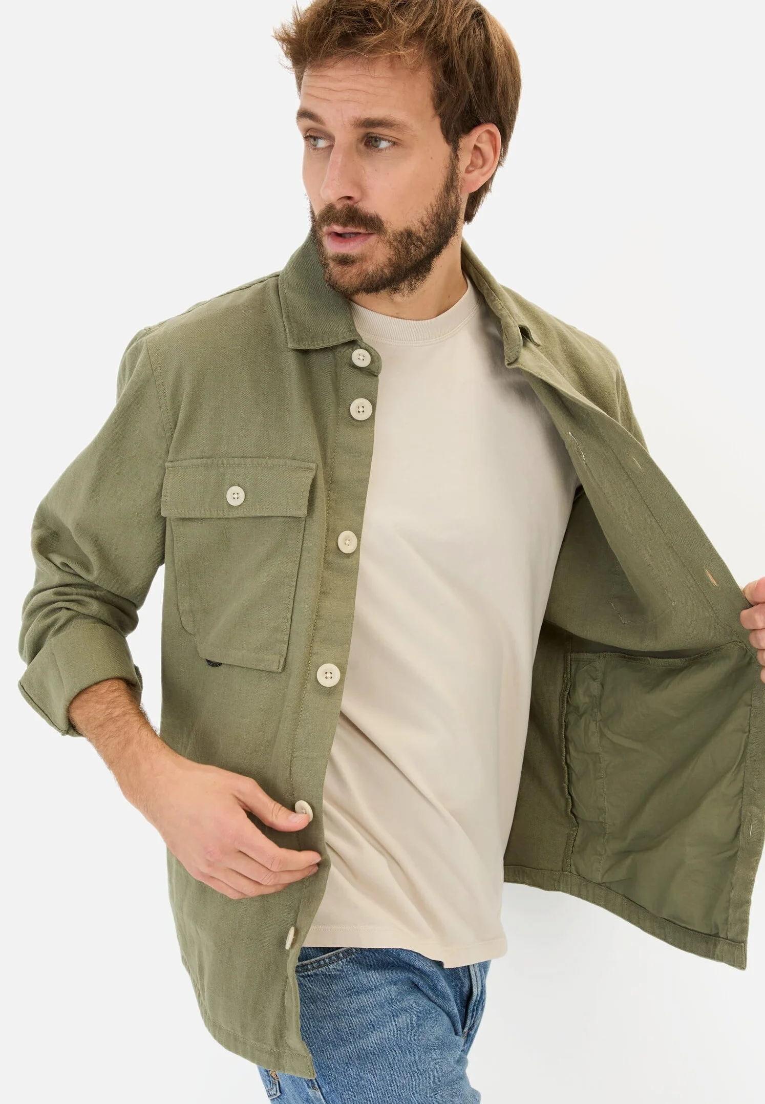 camel active Męski overshirt z mieszanki lnu i bawełny, ciemnozielony, M