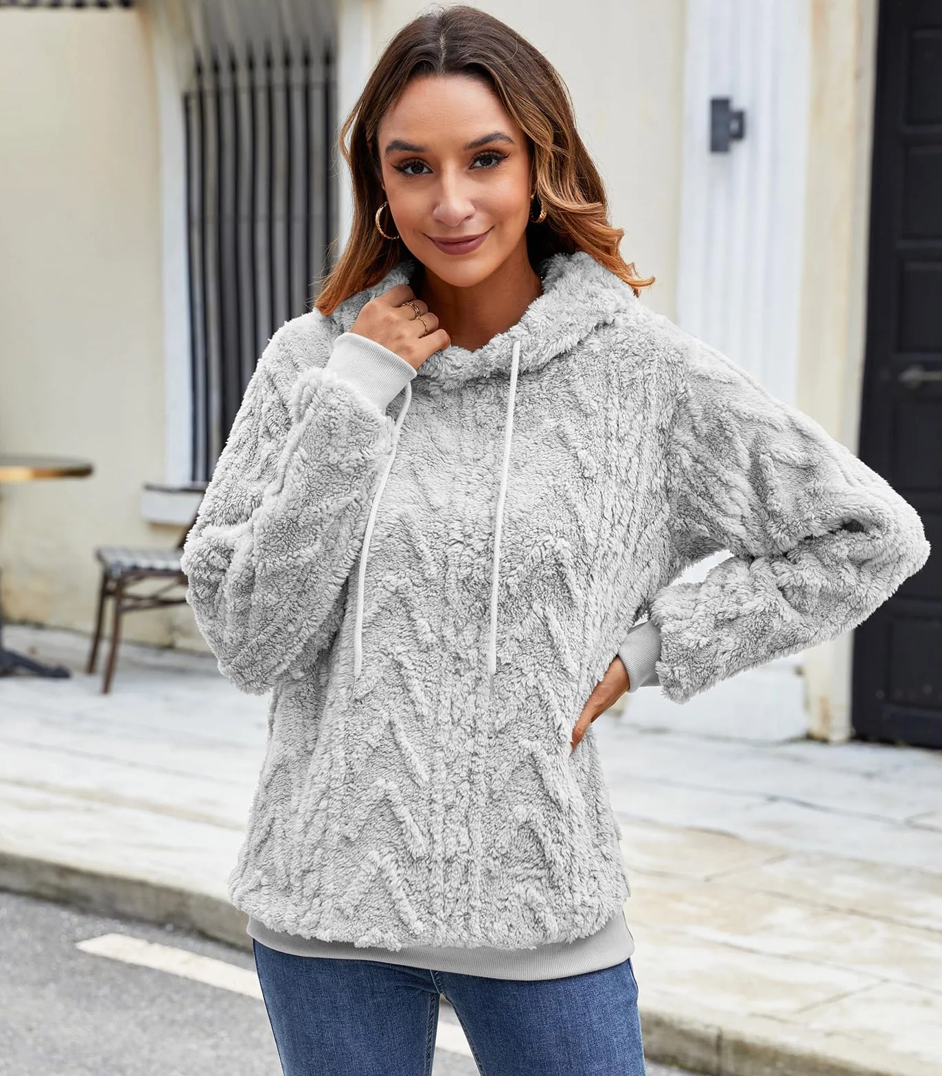 Damska bluza z kapturem Teddy polarowa bluza z kapturem żakardowy pulower ze sznurkiem ciepły puszysty top na co dzień jednolity kolor sweter