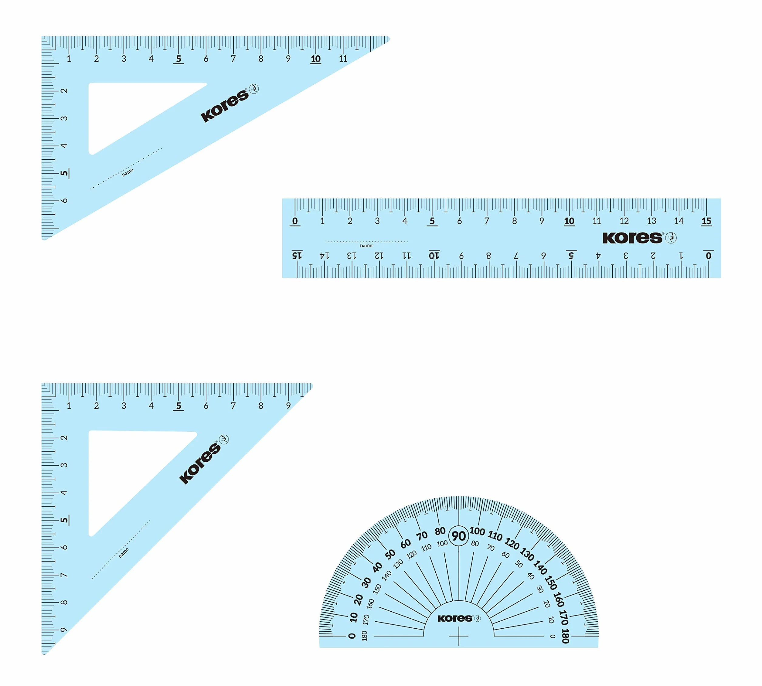 Kores Linijka LIN42103 "Geo Set 15"; Zestaw składa się z: linijki 15 cm, trójkąt rysunkowy 45°/12 cm, trójkąt rysunkowy 60°/12 cm, kątomierz 180°/10 cm; z krawędzią tuszu; opakowanie do zawieszenia