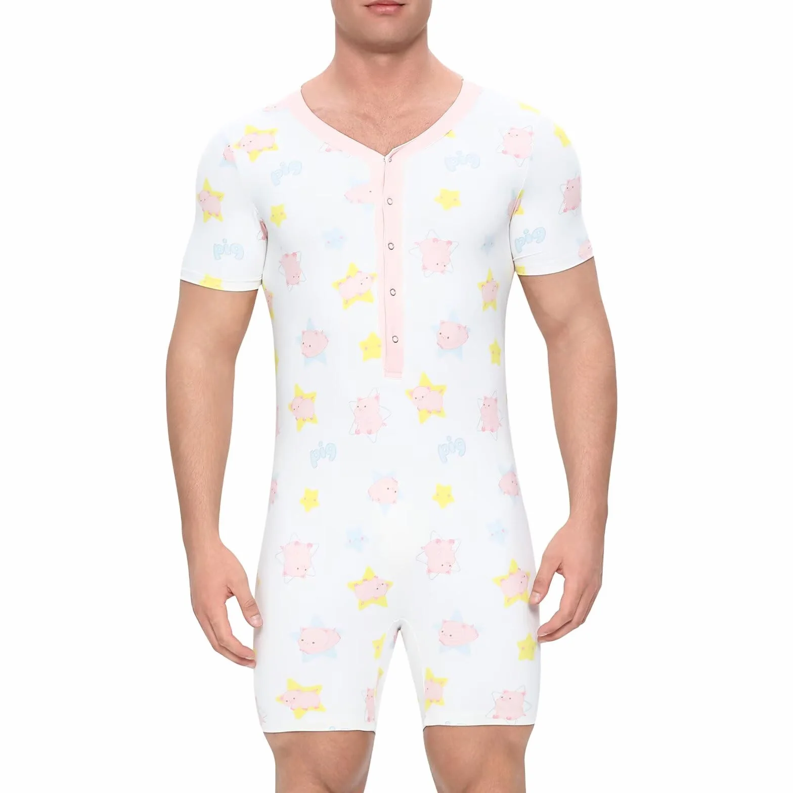 Landofgenie Body Męskie z Krótkimi Rękawami – Projekt Boxerski, Rząd Guzików i Bezplecy Onesie Pizama