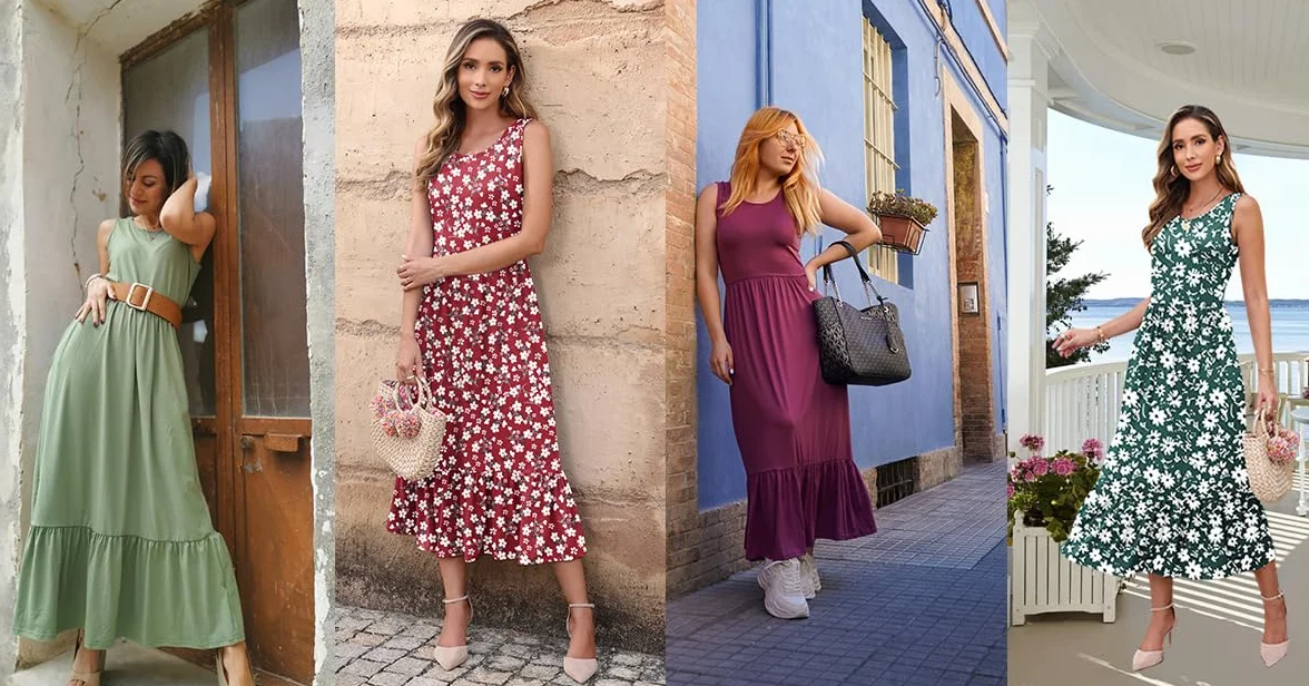 AUSELILY Letnia sukienka damska, długa, bez rękawów, sukienka maxi, damska letnia sukienka plażowa, długa, okrągły dekolt, tank top, lekka i przewiewna, z kieszeniami, elastyczna w talii