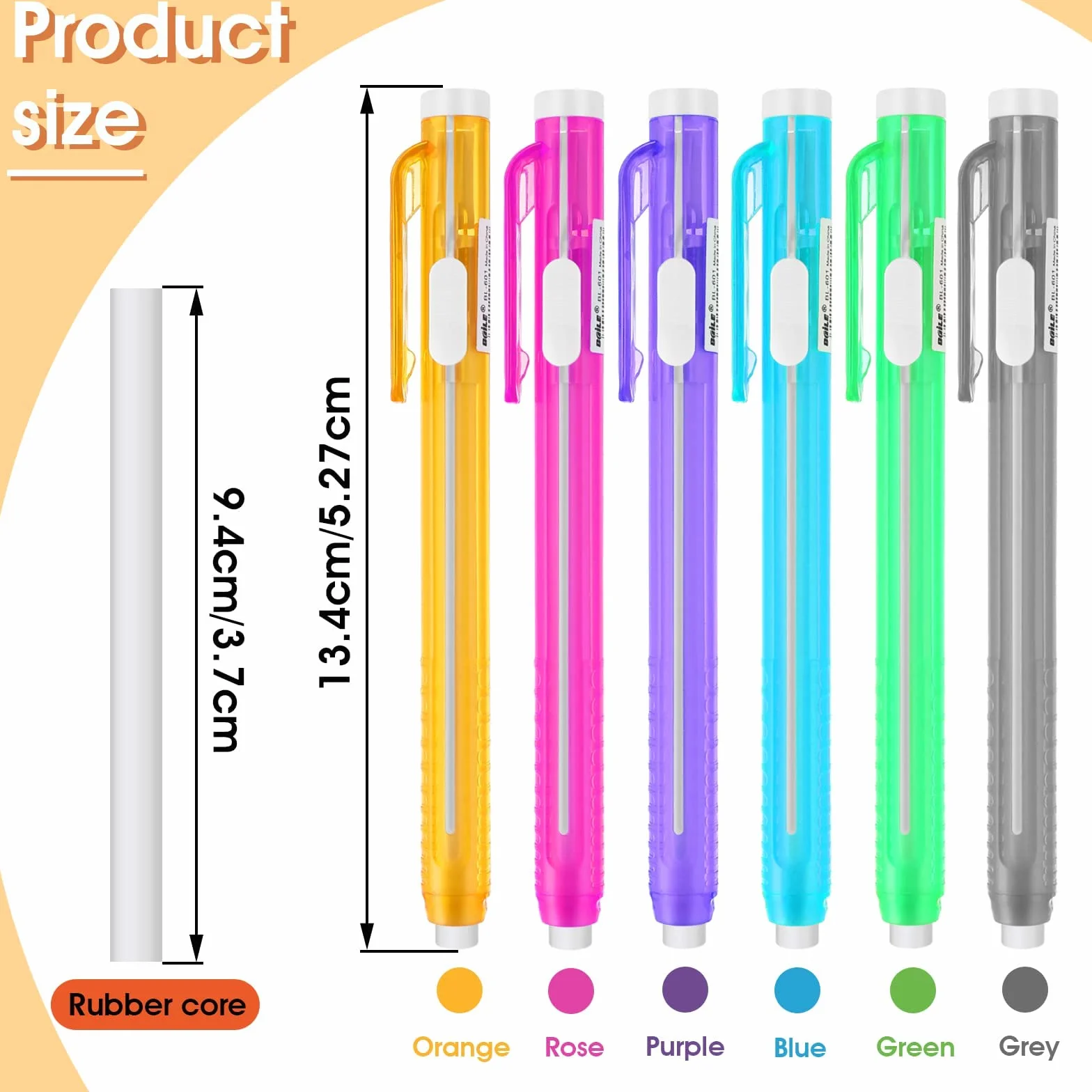 Molain Gumki w stylu pióra, 6 chowanych etui na długopisy + 6 gumek, gumki do ścierania, artykuły biurowe, pomarańczowy, niebieski, biały, zielony, różowy, fioletowy (515564_1-TYLUK-Jinrui-QX)
