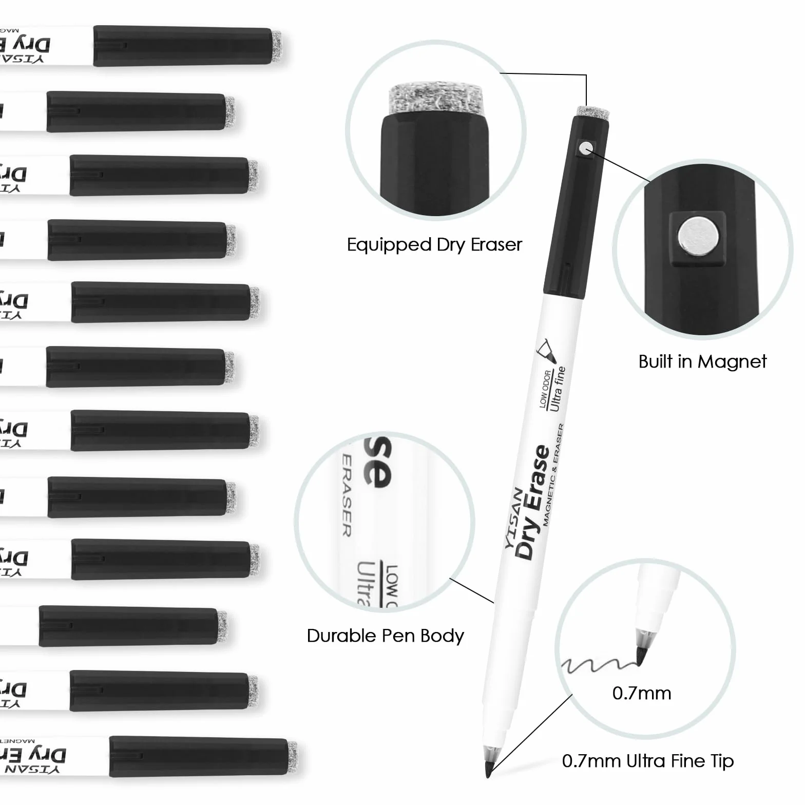 YISAN Markery magnetyczne do białej tablicy Fine Tip, czarne, suche pisaki 0,7 mm, markery do tablic z gumkami, o niskim zapachu, do biura i domu, 70542