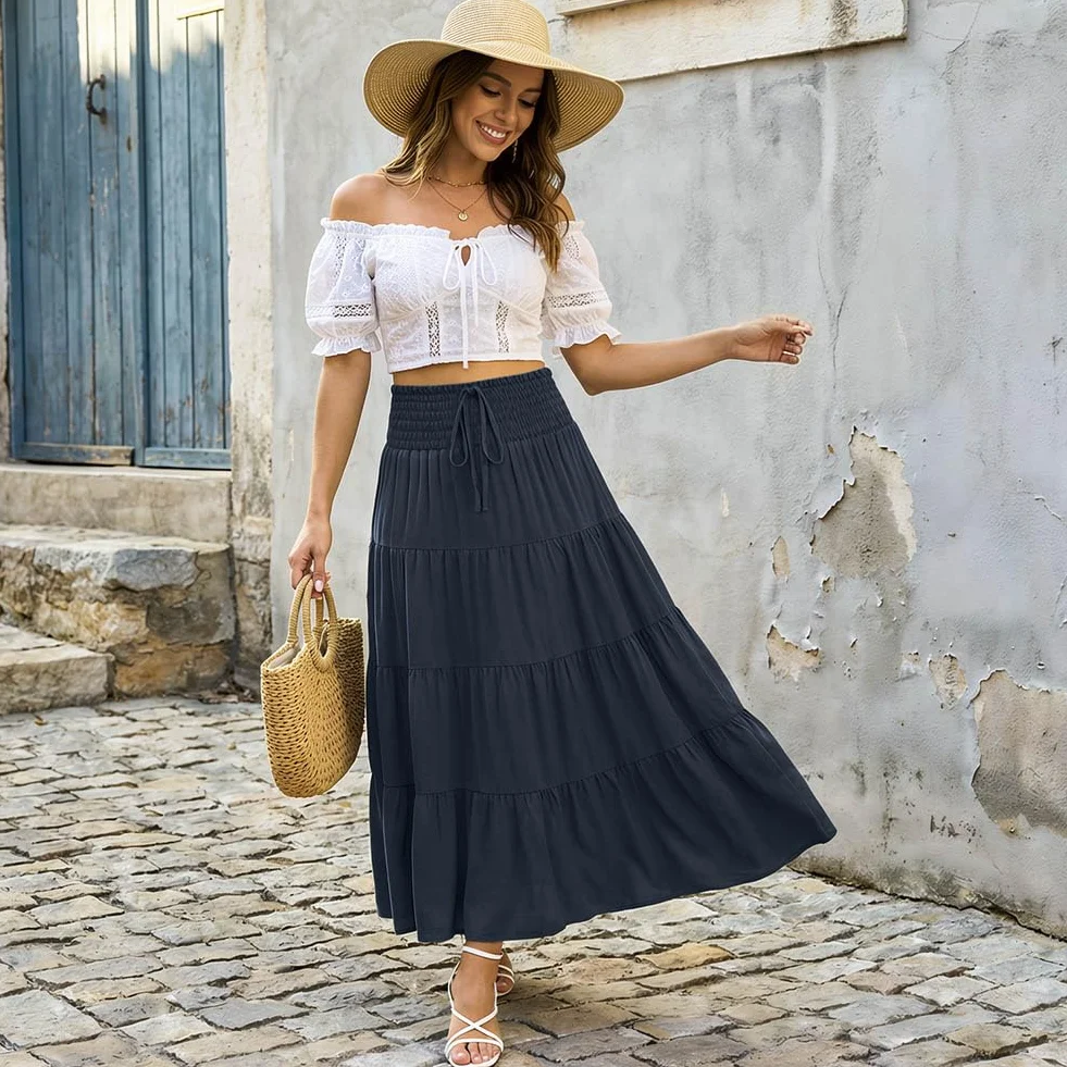 Długie spódnice dla kobiet, zwiewna, elastyczna talia, plisowane spódnice o linii A, ze sznurkiem, na co dzień, wygodna, boho, damska, 5 cm, 1, spódnica maxi z wysokim stanem, na plażę, na co