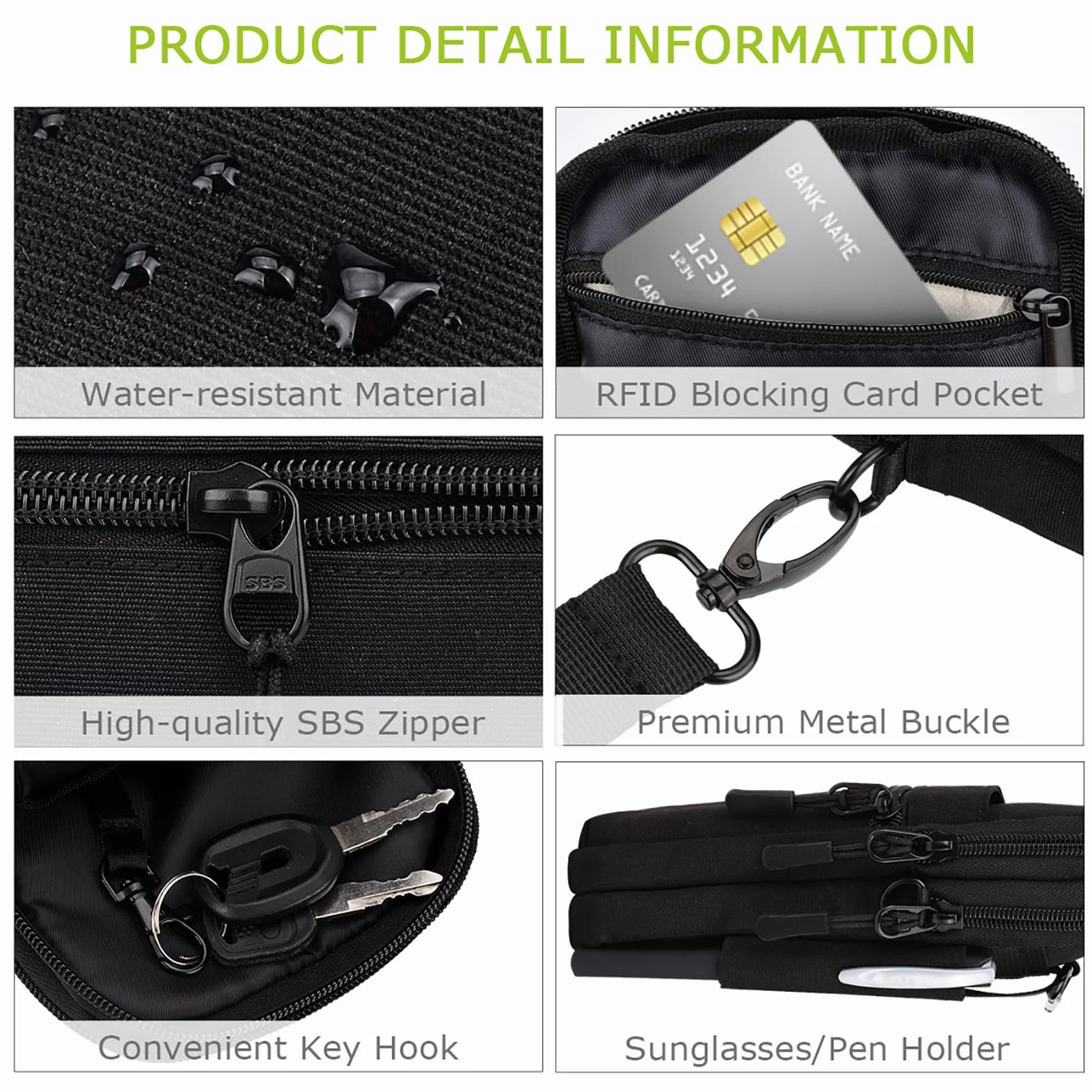 Mała Torba na Ramię Unisex do Telefonu do 6,7 Cal, Saszetka na Paszport Podróżny z Kieszenią Blokującą RFID, Czarny