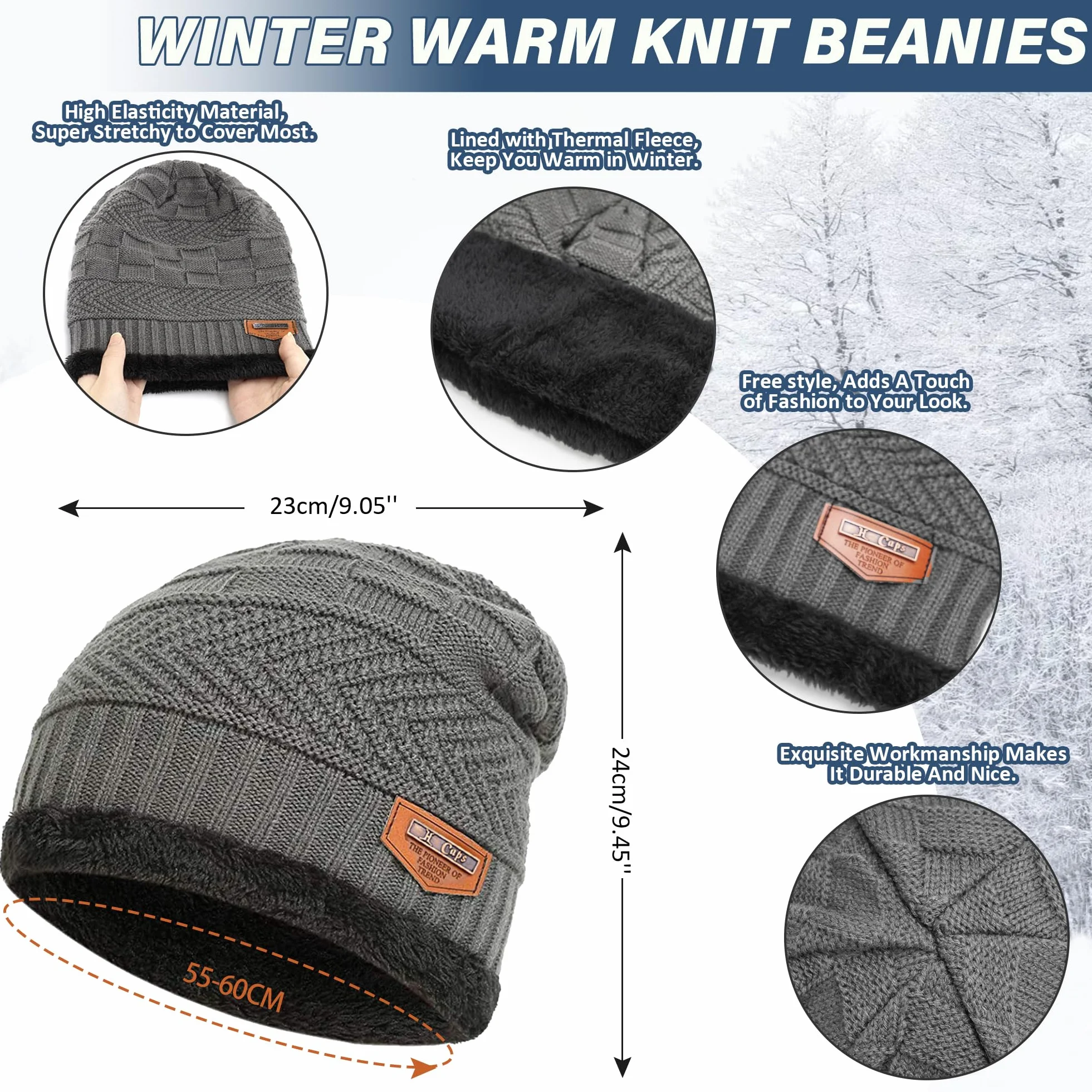 Bequemer Laden 2 sztuki zimowa czapka beanie, zestaw szalików, wełna, ciepła dzianinowa czapka, gruba podszewka z polaru, czapka zimowa i szalik dla mężczyzn i kobiet