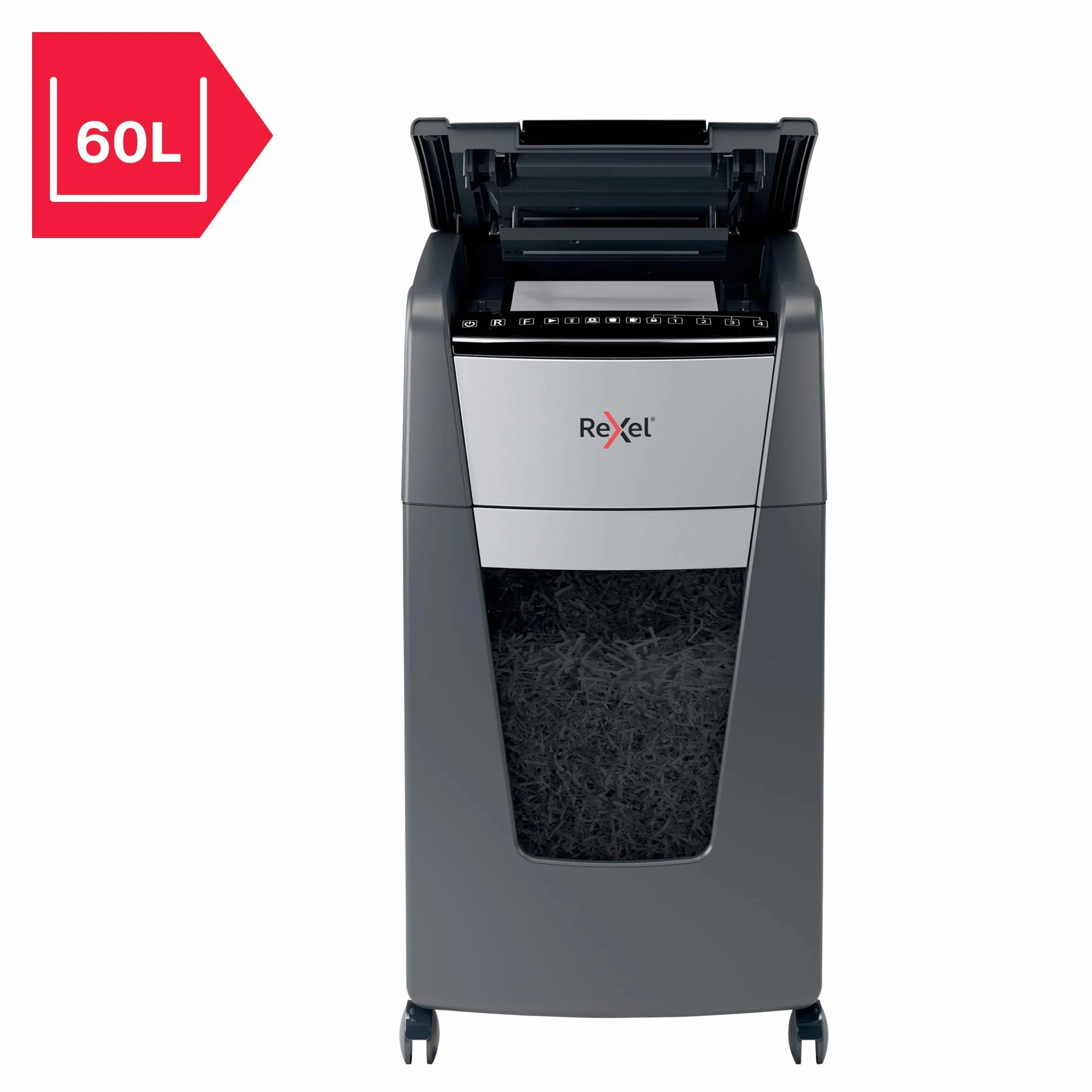 Rexel Optimum Auto Feed+ Automatyczna Niszczarka do Papieru, 300 Arkuszy, Bezpieczeństwo P-5, Tnie na Mikrościnki, do Małego Biura, 60 L, na Kółkach, 2020300M