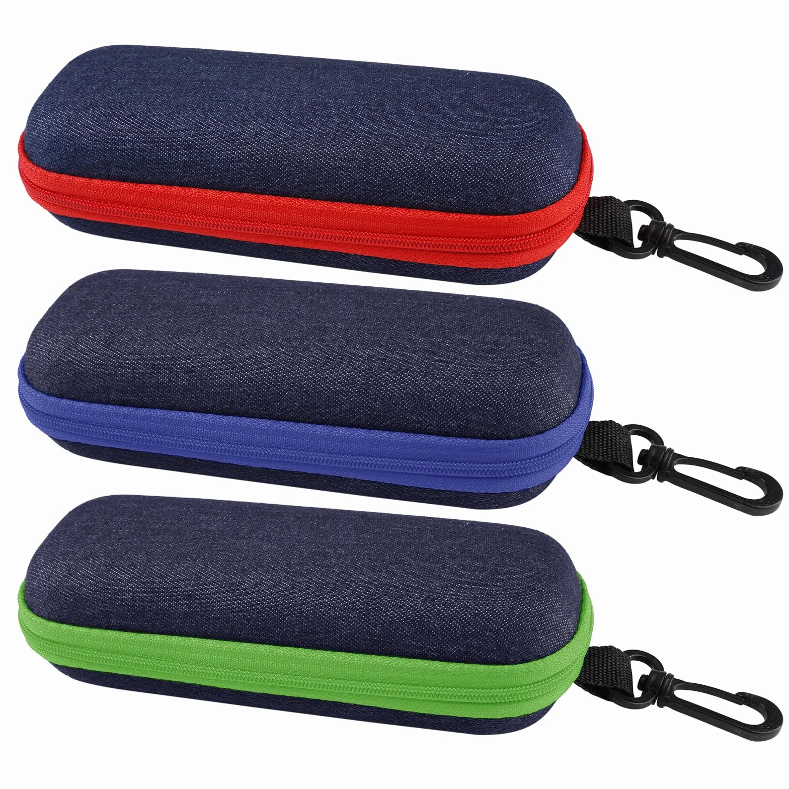 3 niebieskie etui na okulary, zielone i czerwone, 16,5 x 6,6 x 4,2 cm, twarde etui na okulary, tworzywo EVA i kowboj, etui na okulary przeciwsłoneczne, z zamkiem błyskawicznym, dla kobiet, mężczyzn