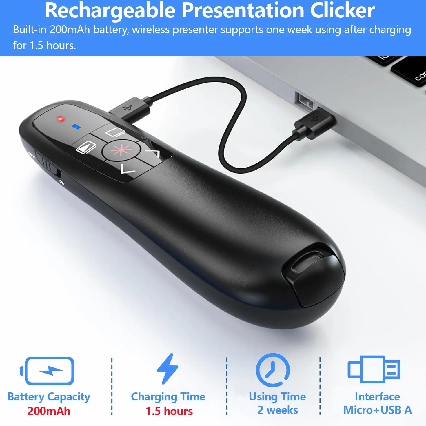 2 w 1 USB typu C Prezentacja Clicker do prezentacji PowerPoint, 2,4 GHz ładowalny bezprzewodowy prezentator pilot prezentacyjny wskaźnik slajdów Advancer PPT Clicker do komputera Mac laptopa
